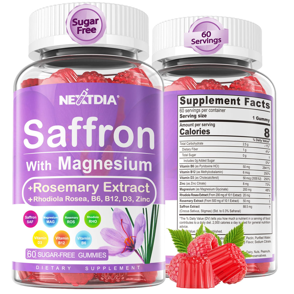 Nextdia Saffron with Magnesium Glycinate Gummies, 2 Months Supply -Sugar Free Magnesium 400/200mg w/Saffron,Rhodiola,Rosemary, B6,B12,D3 for S-leep, Calm,Focus, Relax, Nerve, Melatonin Free Gummies