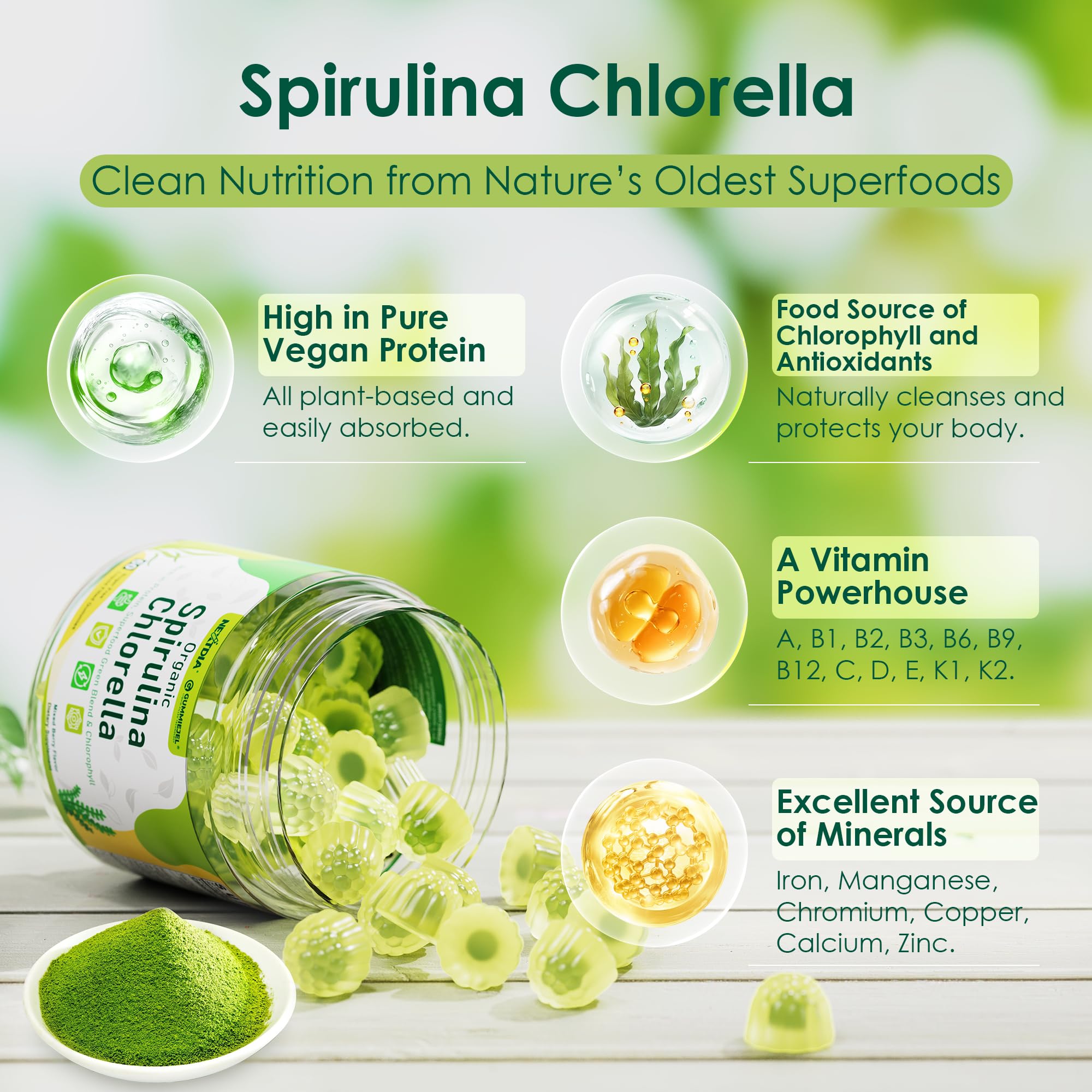 Nextdia (2 Pack) Organic Spirulina + Chlorella Gummies – Vegan Protein & Supergreens