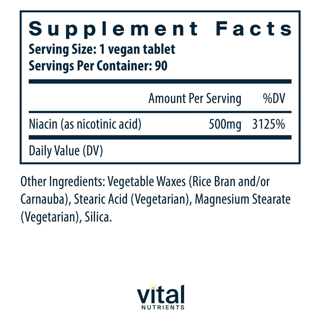 Vital Nutrients Niacin 500mg | Timed-Release Niacin for Heart Health | Non-GMO | Gluten Free | 90 Tablets