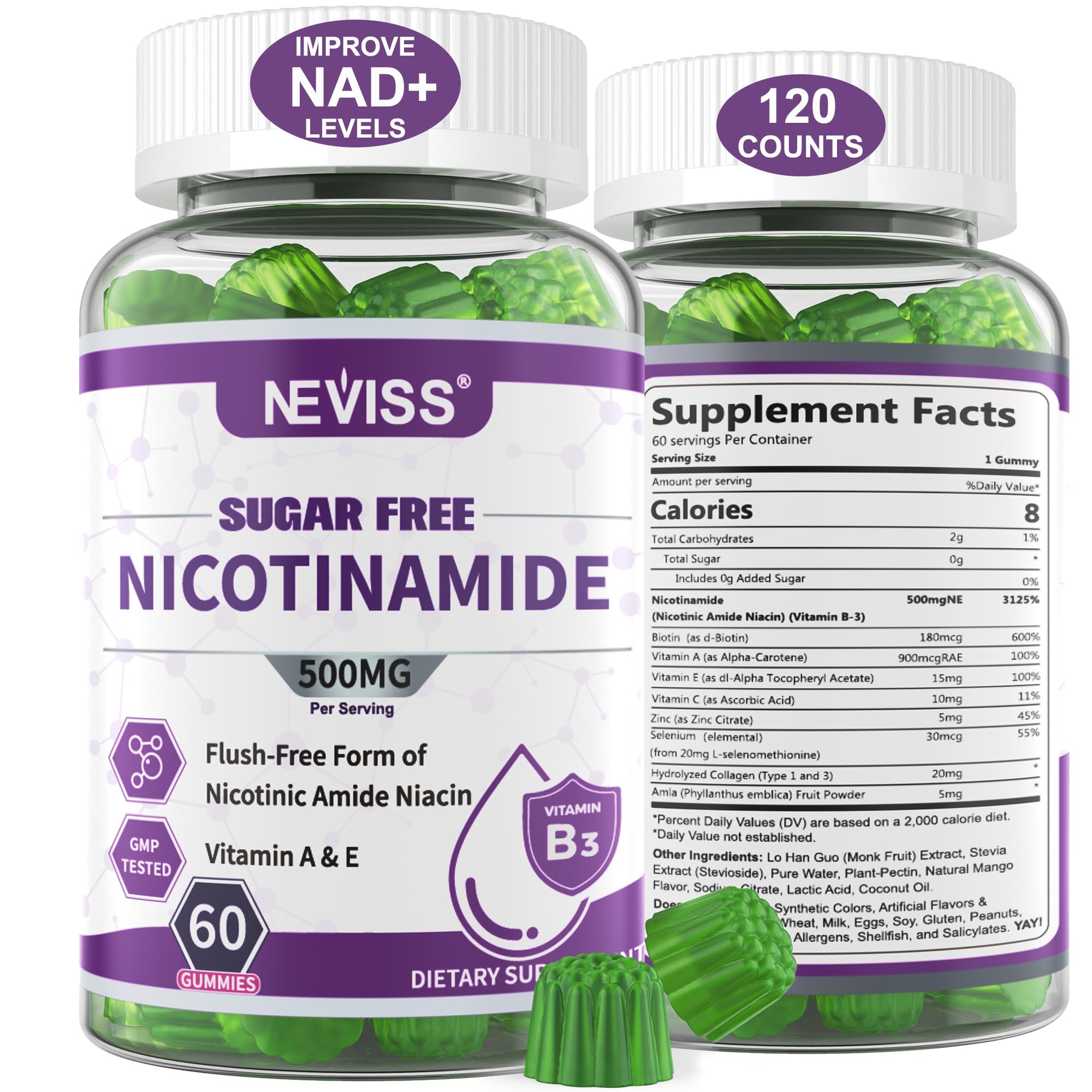Sugar Free Nicotinamide 500mg Gummies – Flush-Free Vitamin B3 Niacinamide