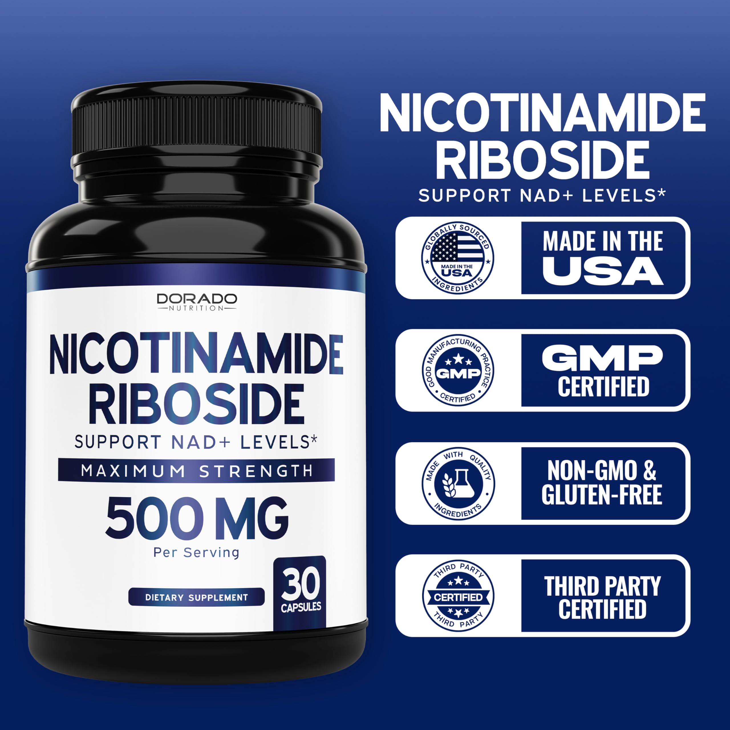 Nicotinamide Riboside 500mg (30 Count) NAD+ Booster – NR Supplement (USA Made)