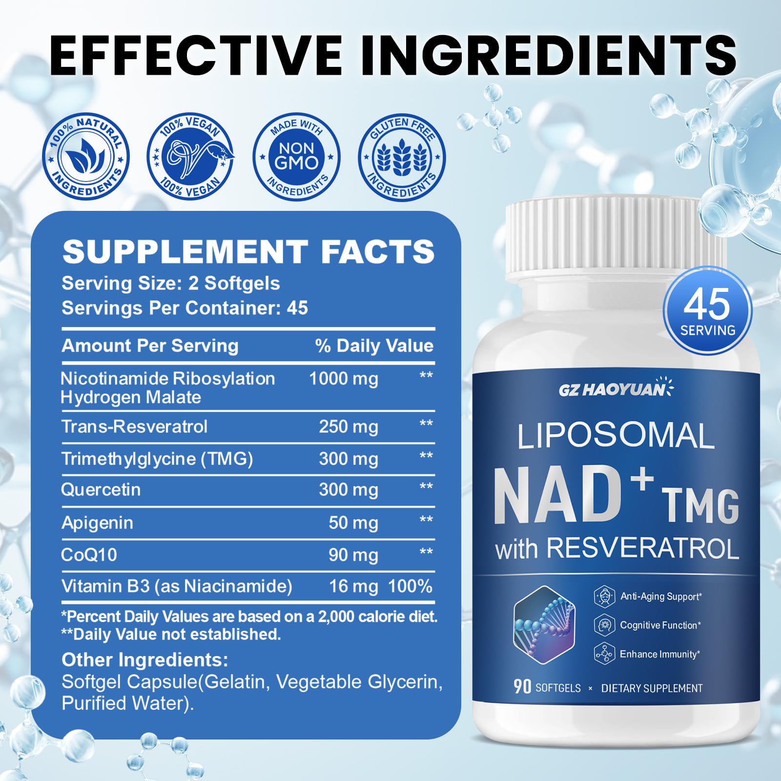 GZ HAOYUAN Liposomal NAD+ Supplement – Cellular Energy & Healthy Aging (90 Softgels)