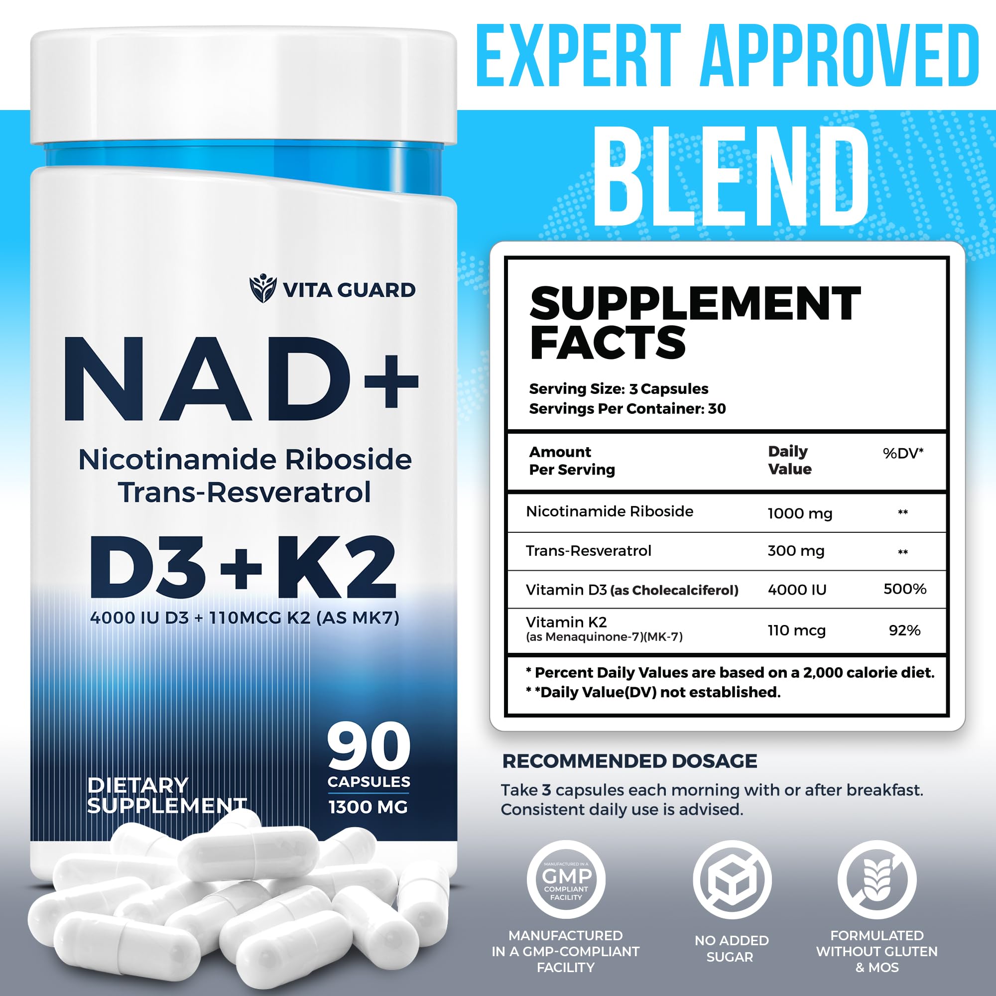 Anti-Aging Energy NAD Supplement – NMN Alternative with Nicotinamide Riboside 1000mg, Trans-Resveratrol 300mg, Vitamin D3 4000 IU and K2 110 mcg MK7 – Vegetarian 60 Capsules, 1300mg