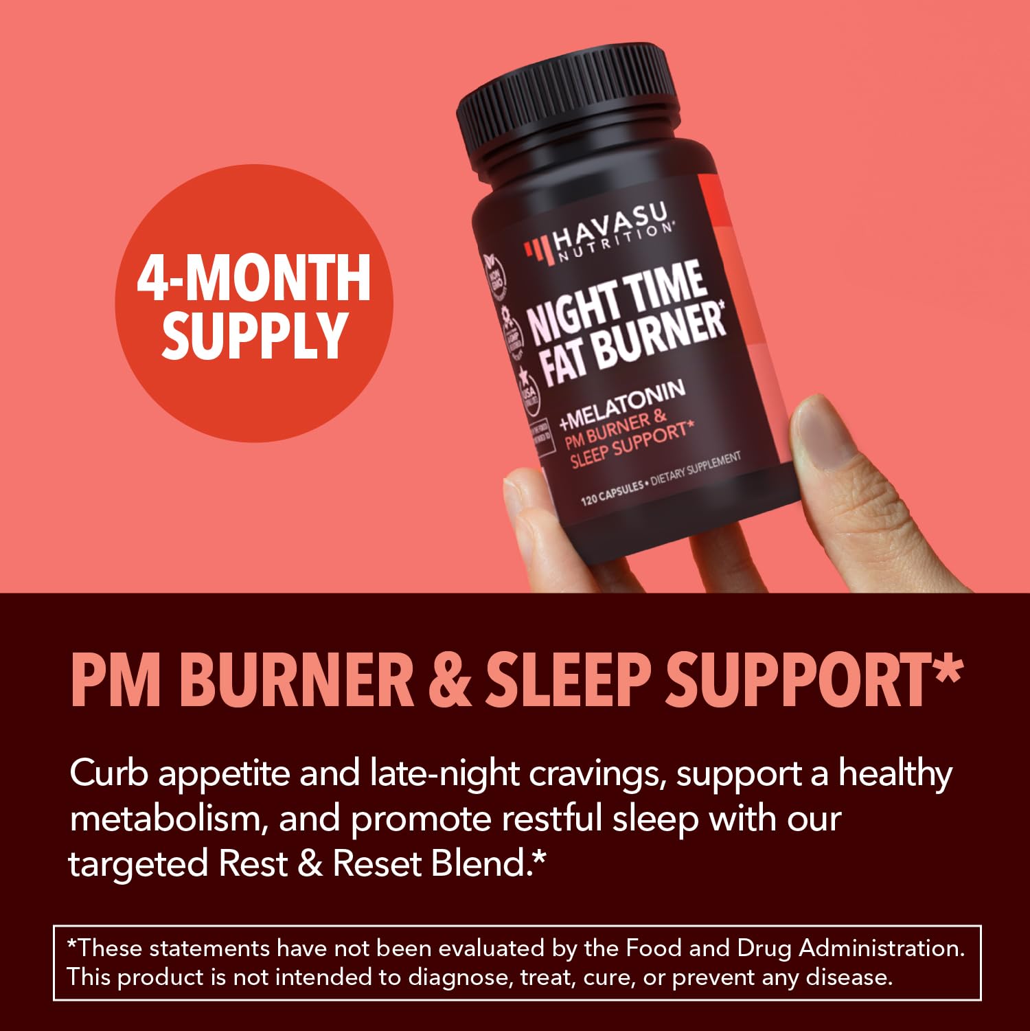 Night Time Fat Burner Metabolism Booster — Appetite Suppressant, 120 Pills