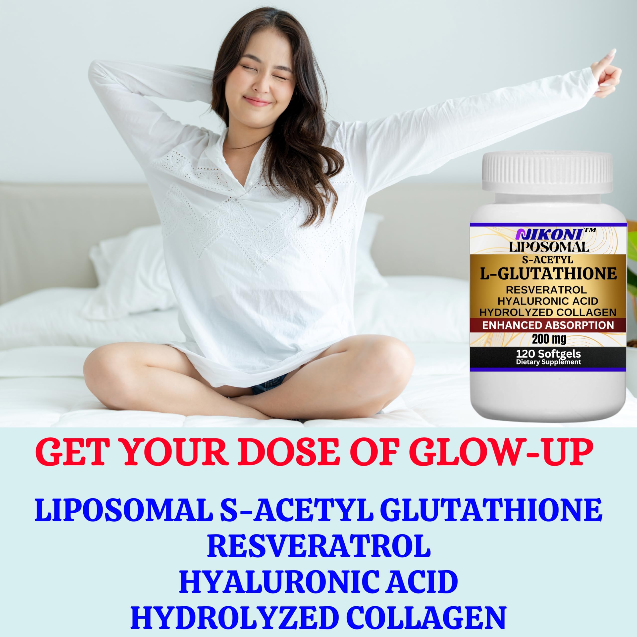 Nikoni Liposomal S-Acetyl L-Glutathione + Resveratrol – HA & Collagen 500 mg, 120 Softgels