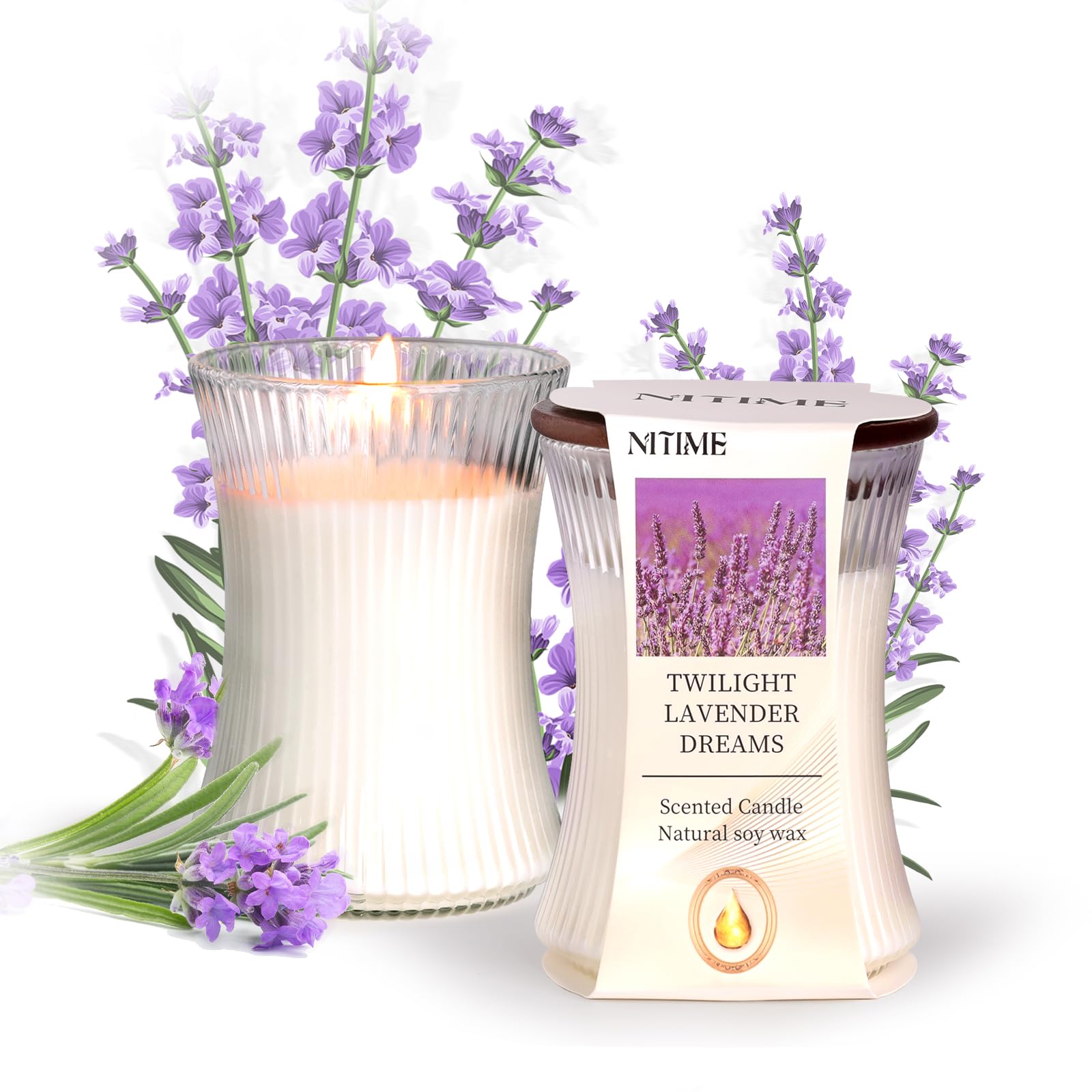 NITIME 2pcs Lavender Scented Candles – Natural Soy, Wood Wick, 7.05oz