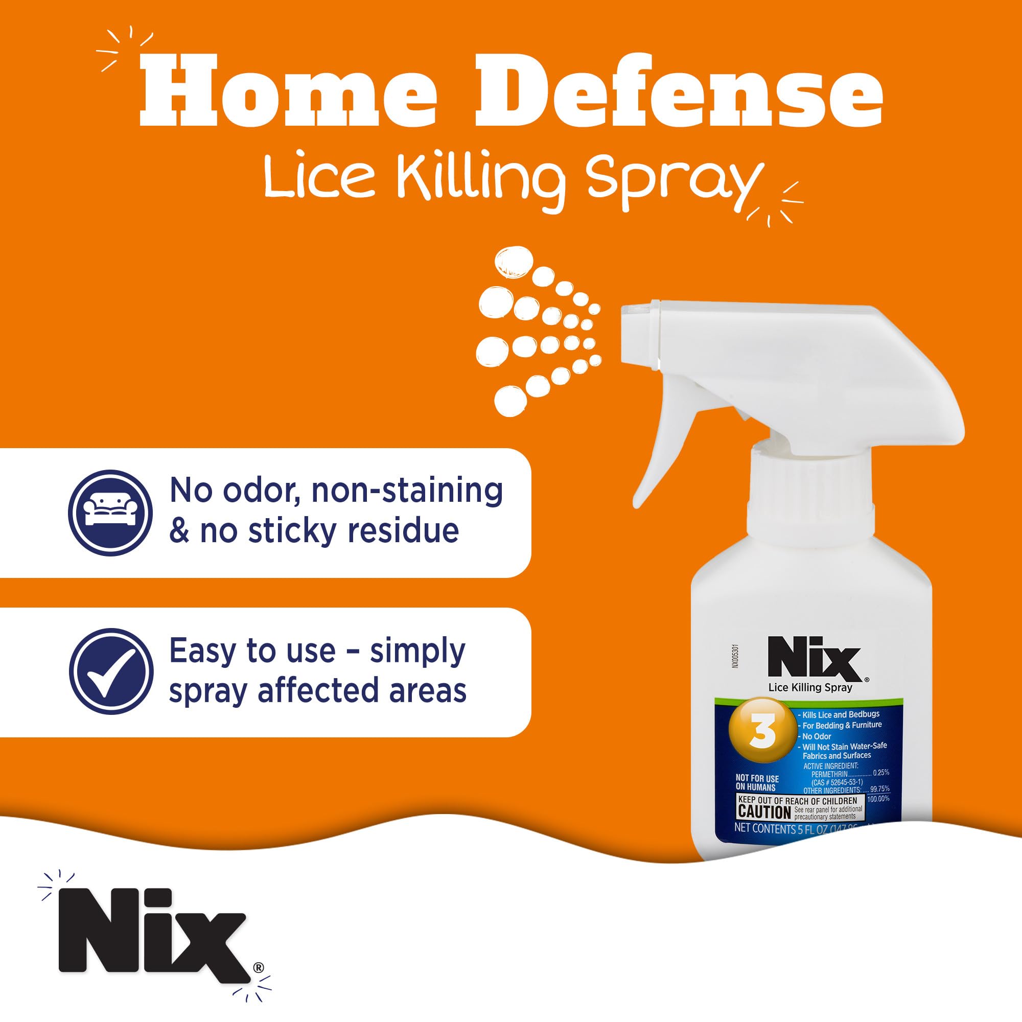 Nix Lice & Bed Bug Spray for Home Use — Odor-Free, Non-Staining (5 Fl Oz)