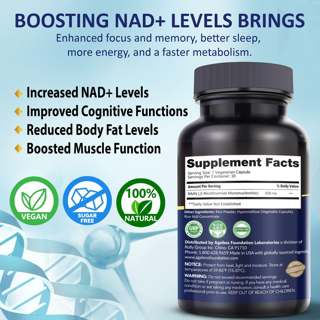 NMN Supplement 500mg Nicotinamide Mononucleotide | Supports NAD+ Levels, Energy, Cognitive Function, Muscle Health & Healthy Body Composition – Capsules (30)