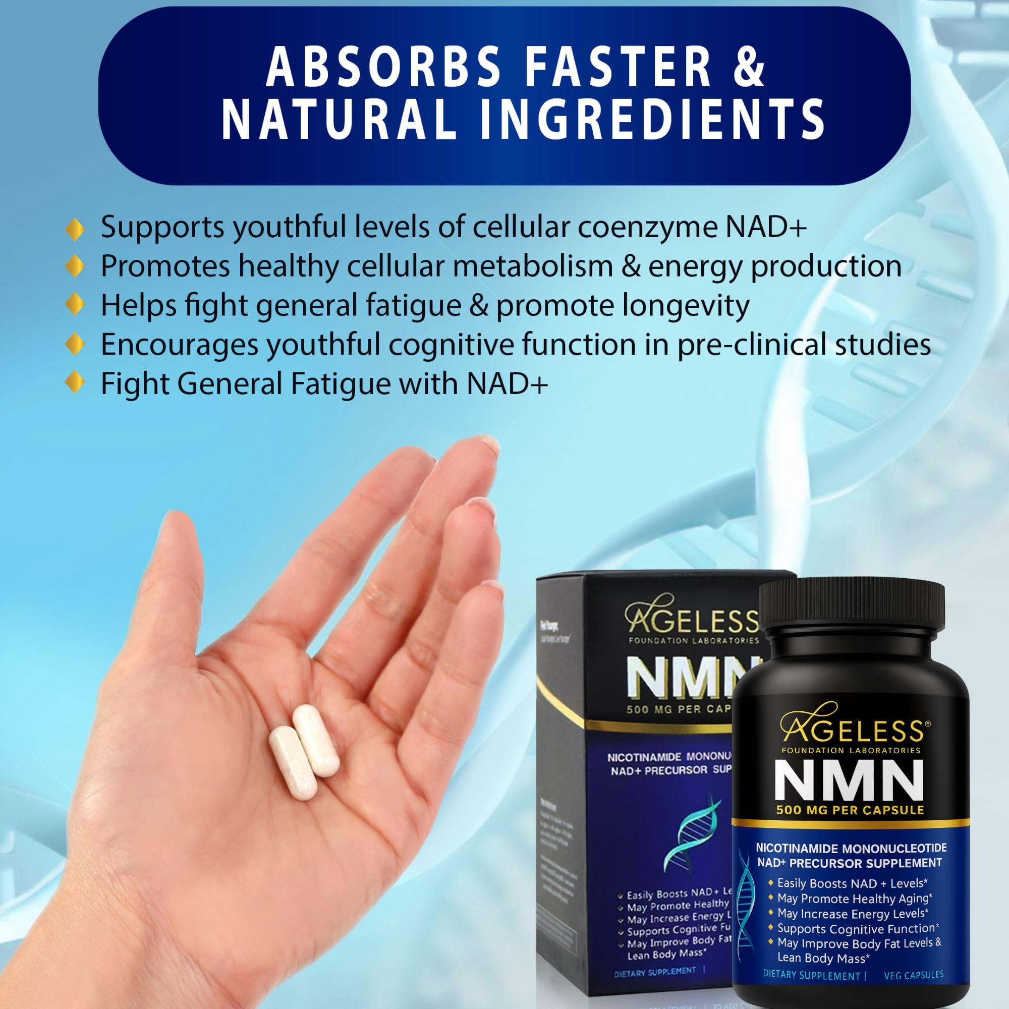 NMN Supplement 500mg Nicotinamide Mononucleotide | Supports NAD+ Levels, Energy, Cognitive Function, Muscle Health & Healthy Body Composition – Capsules (30)