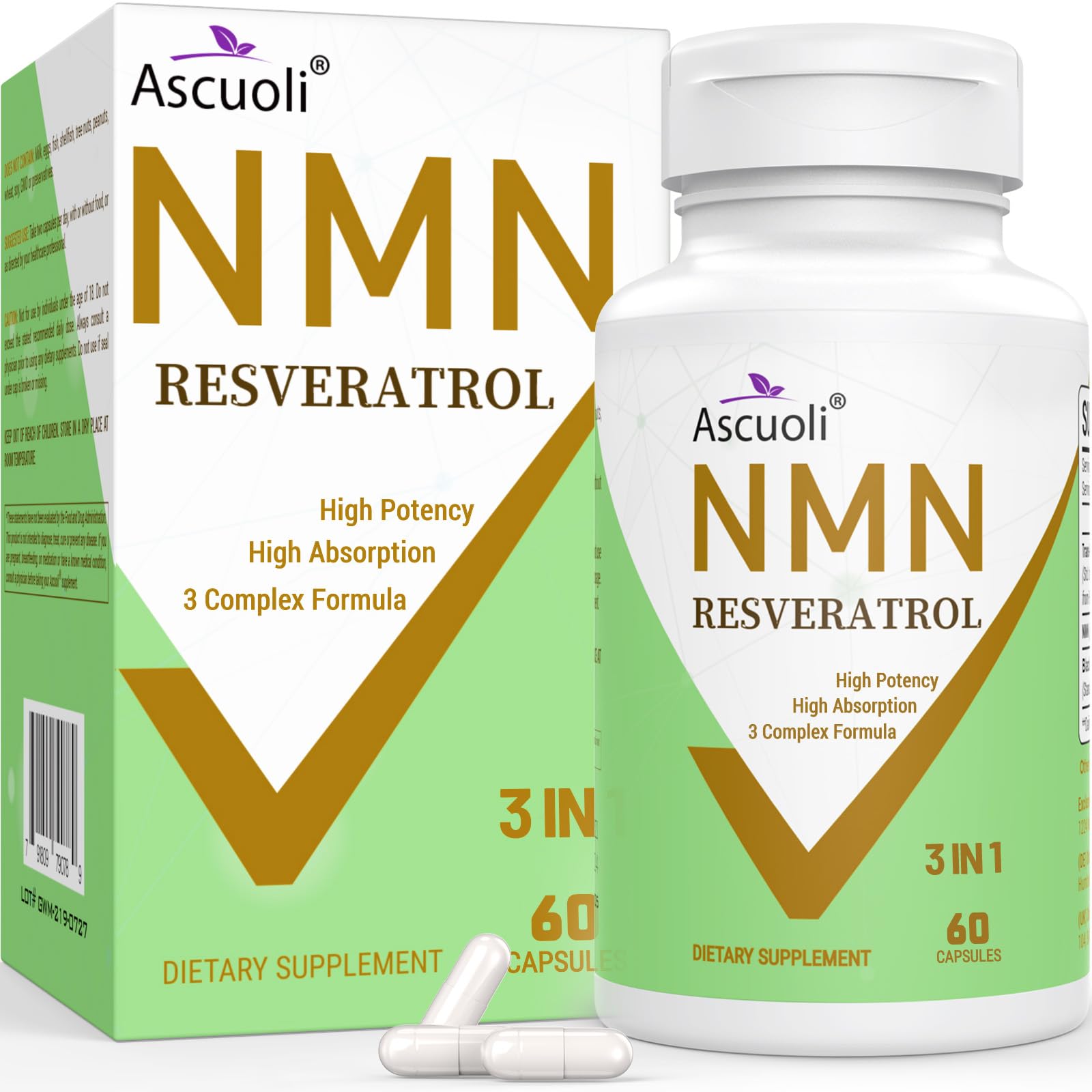 99% Ultra Purity NMN 500mg + Trans-Resveratrol 600mg - 1150mg NMN Resveratrol Supplement | 3-in-1 Formula | 60 Caps