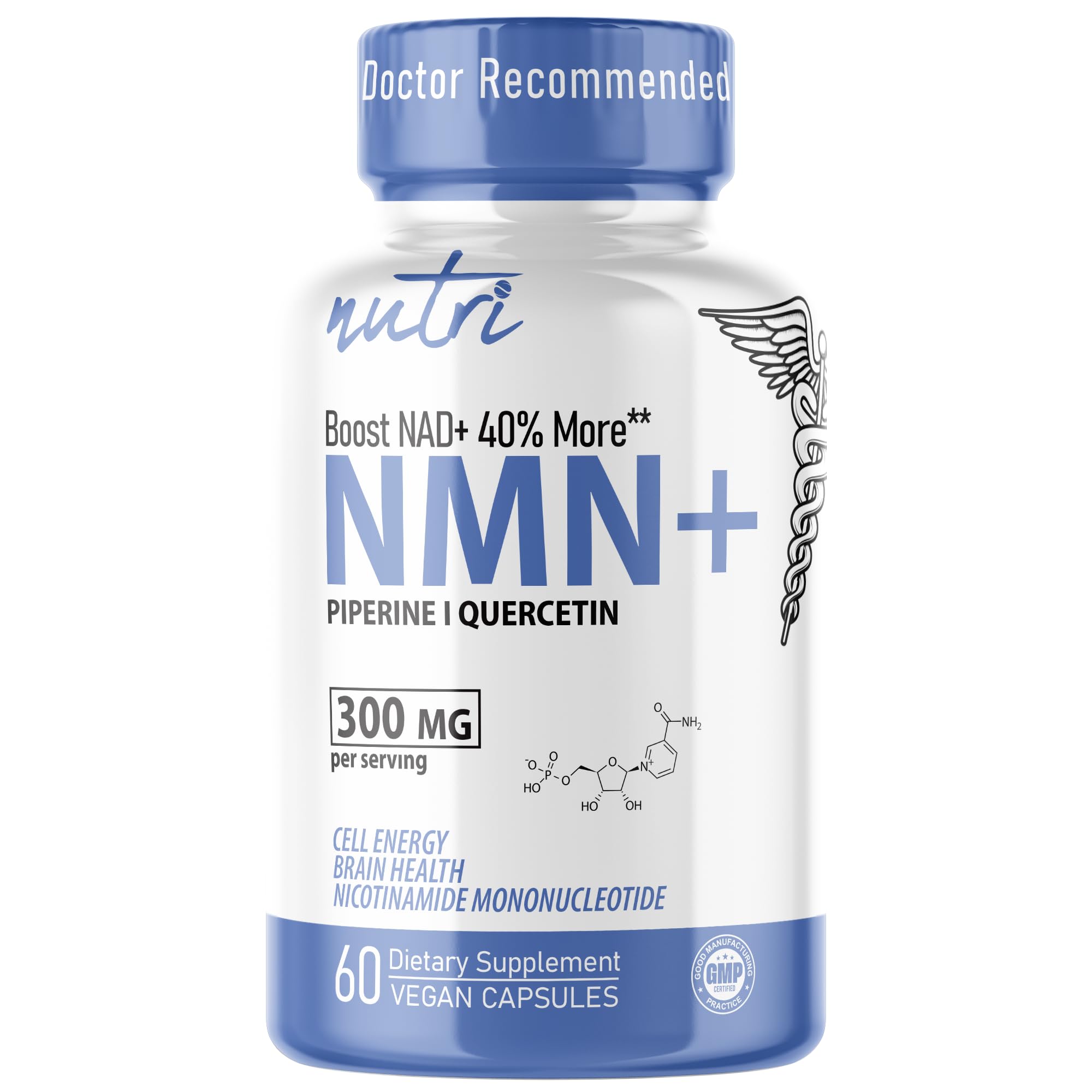 NMN Supplement 300mg NAD Supplement - Nutri Ultra High Absorption Stabilized NMN Nicotinamide Mononucleotide, 40% More NAD+ with Quercetin Phytosome & Black Pepper - mnm supplement (60 Capsules)