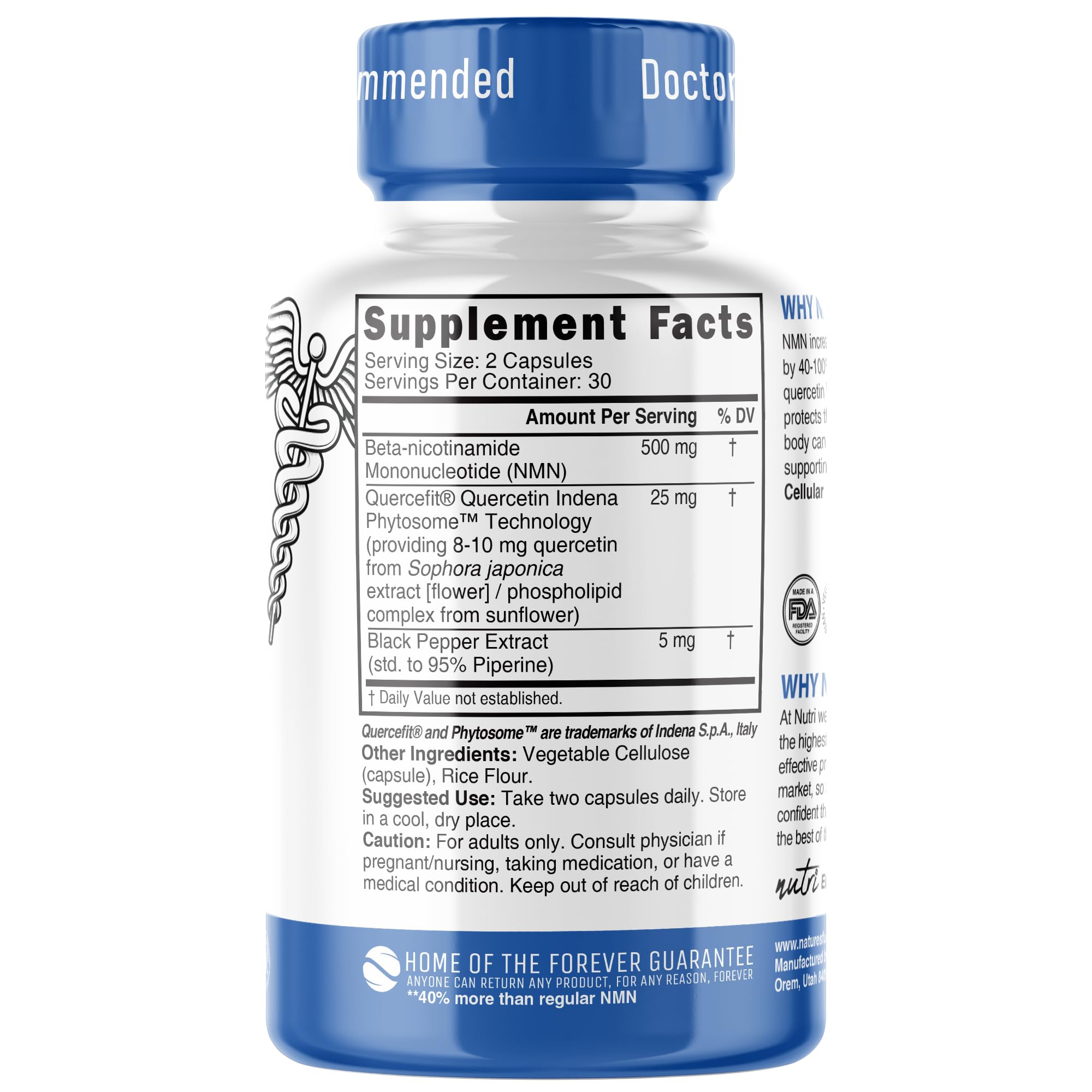 NMN 500mg NAD+ Supplement | Nutri Ultra High Absorption NMN with Quercetin Phytosome & Black Pepper - 60 Capsules