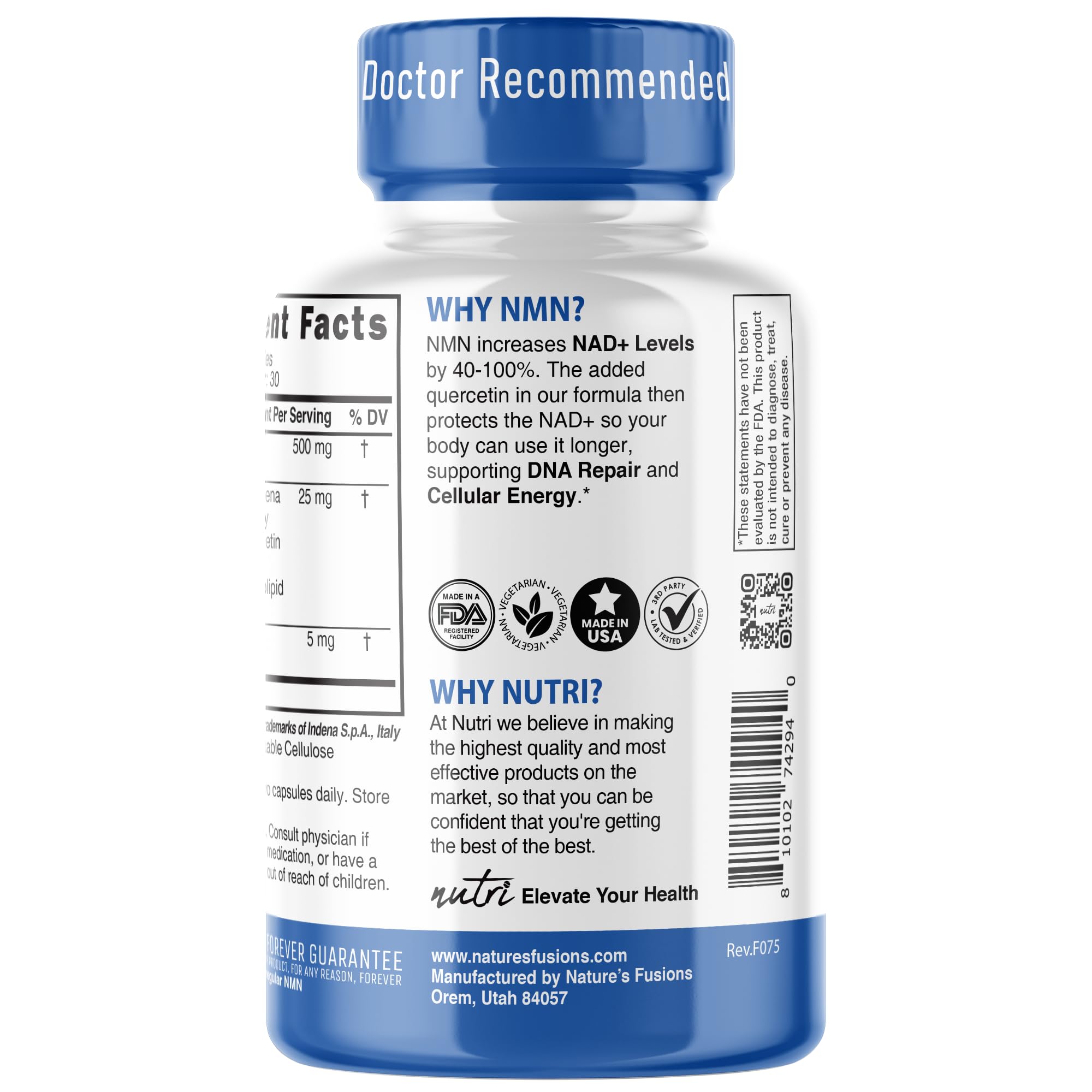 NMN 500mg NAD+ Supplement | Nutri Ultra High Absorption NMN with Quercetin Phytosome & Black Pepper - 60 Capsules