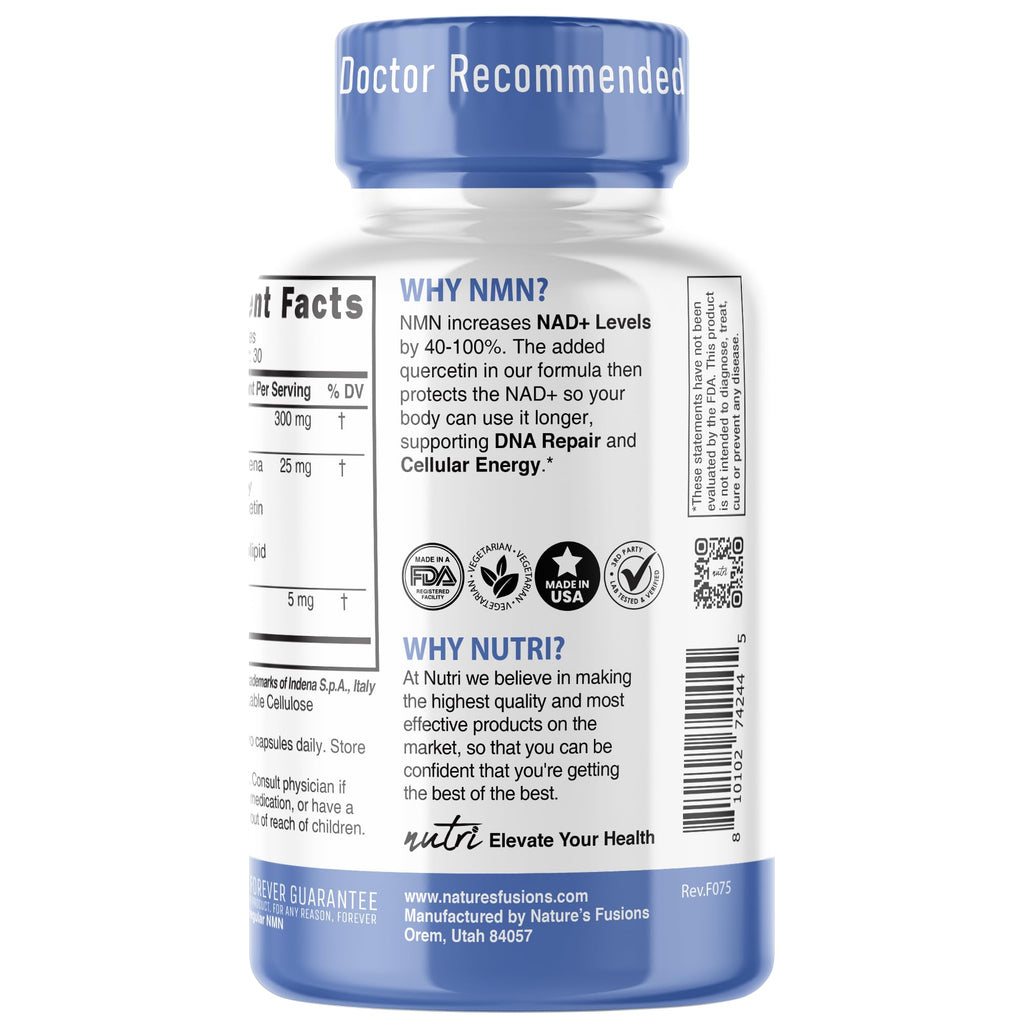 NMN Supplement 300mg NAD Supplement - Nutri Ultra High Absorption Stabilized NMN Nicotinamide Mononucleotide, 40% More NAD+ with Quercetin Phytosome & Black Pepper - mnm supplement (60 Capsules)