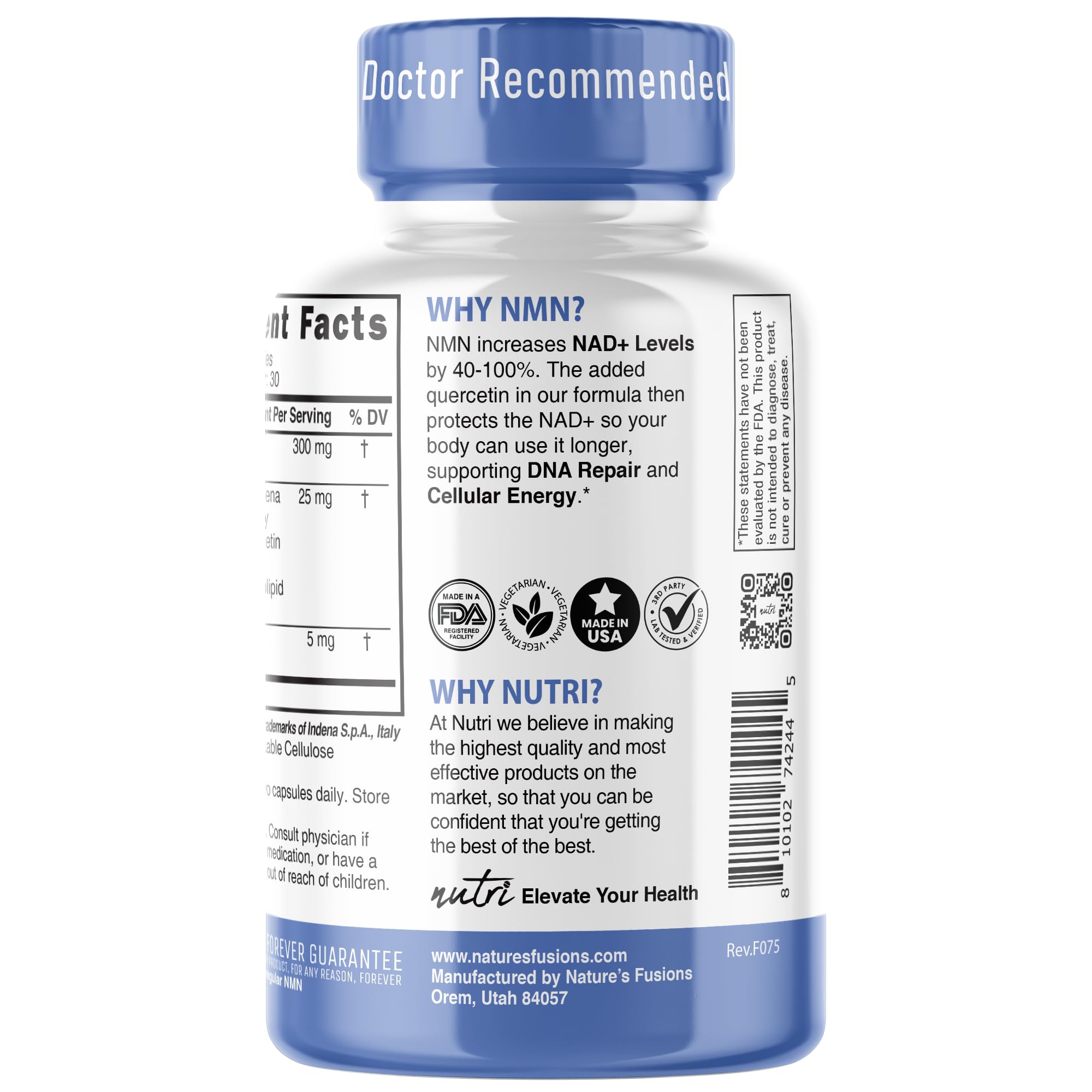 NMN Supplement 300mg NAD Supplement - Nutri Ultra High Absorption Stabilized NMN Nicotinamide Mononucleotide, 40% More NAD+ with Quercetin Phytosome & Black Pepper - mnm supplement (60 Capsules)