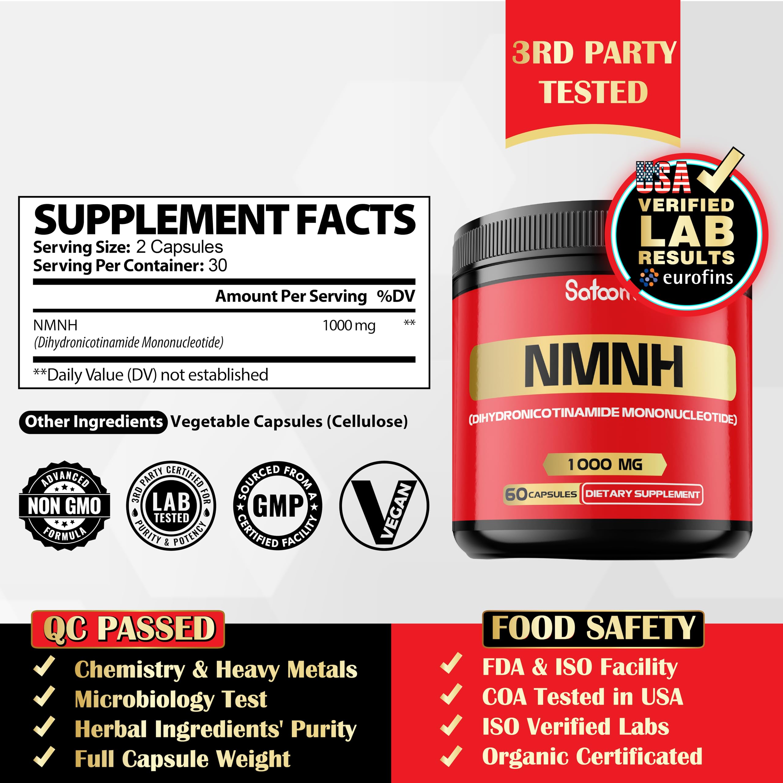 NMNH (Dihydronicotinamide Mononucleotide) – NMN Supplement Alternative – 1000mg per Serving NAD Support – 60 Capsules (30 Days)