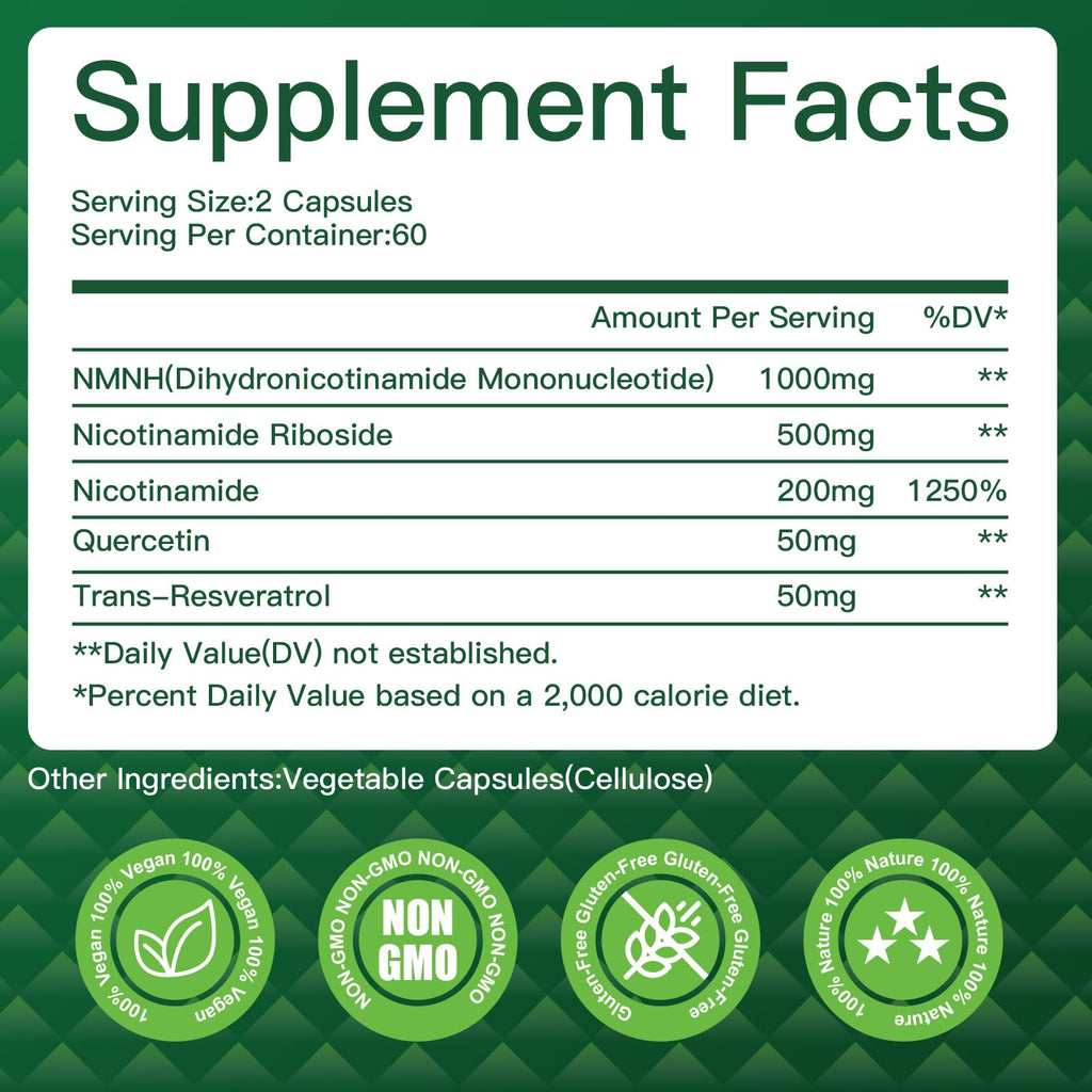 NMNH (Dihydronicotinamide Mononucleotide) NMNH 1000mg - NAD+ Support, Energy & Focus, 120 Capsules