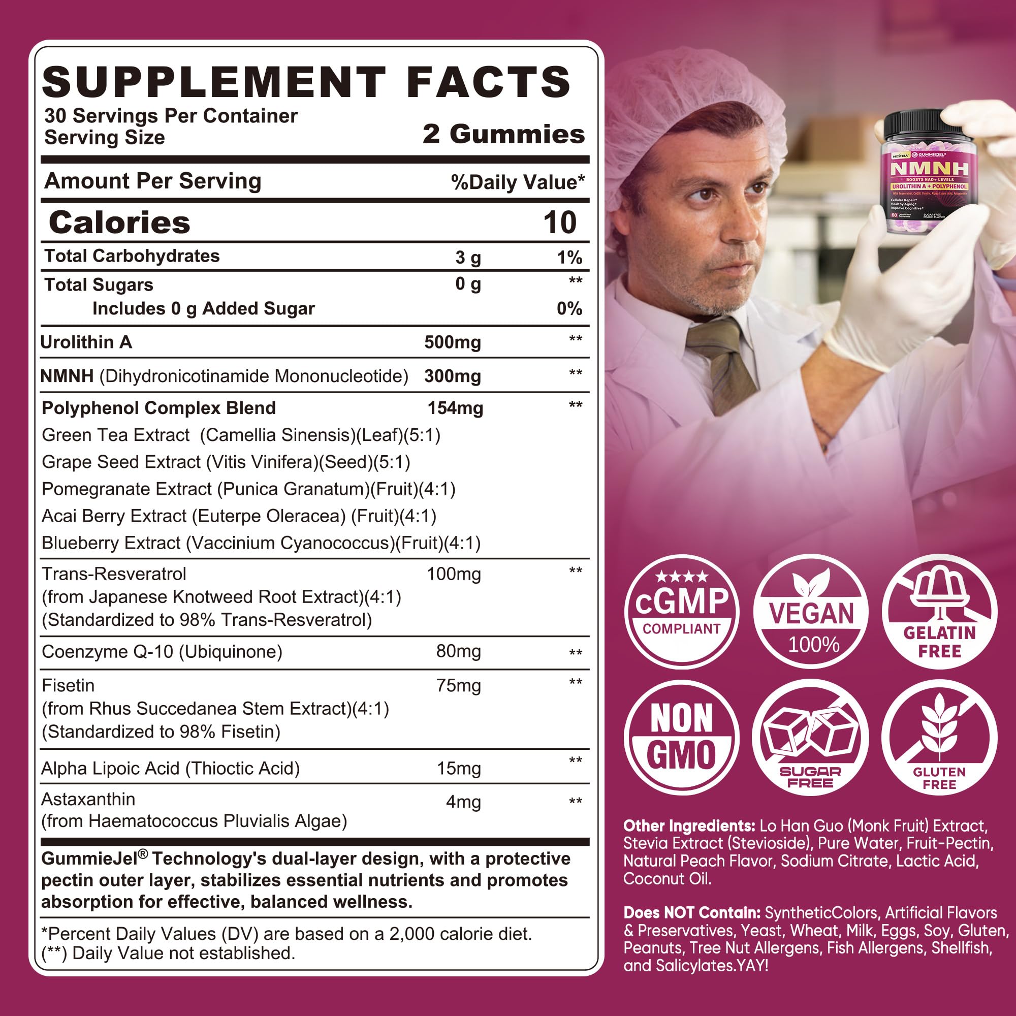 NMNH Gummies 300MG for Longevity – NAD+ Booster with Urolithin A, Polyphenols & Resveratrol | Sugar-Free 60ct