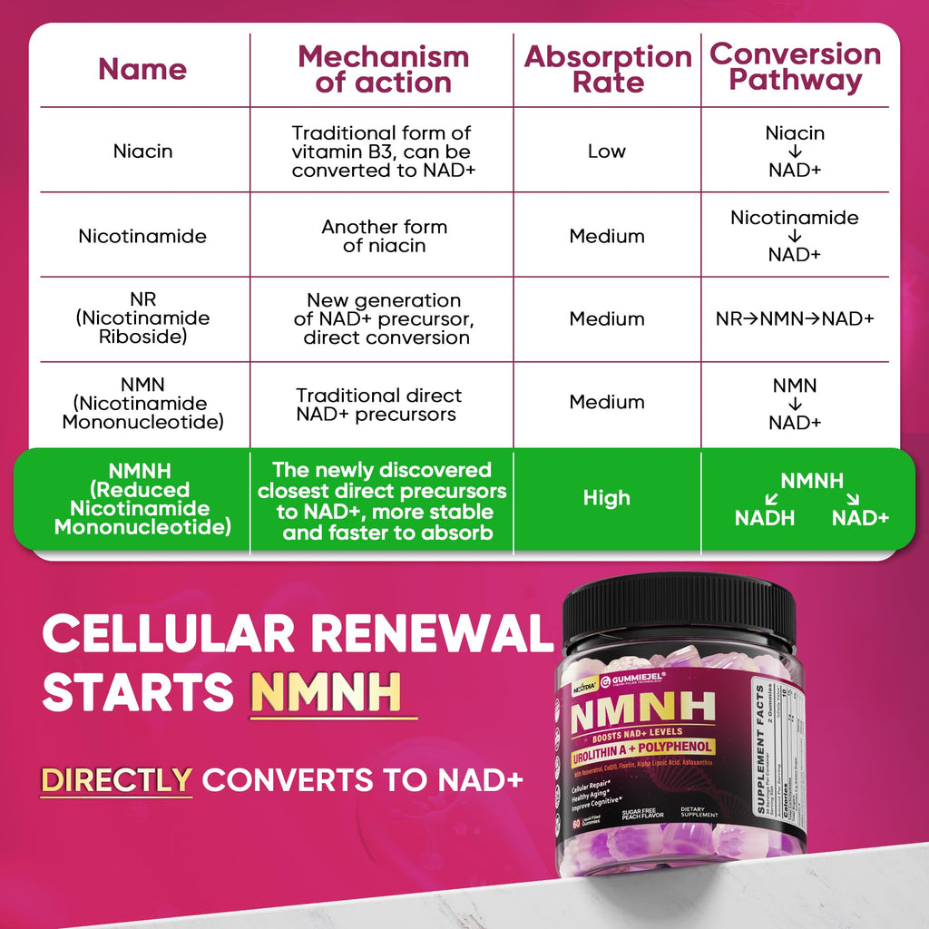 NMNH Gummies 300MG for Longevity – NAD+ Booster with Urolithin A, Polyphenols & Resveratrol | Sugar-Free 60ct