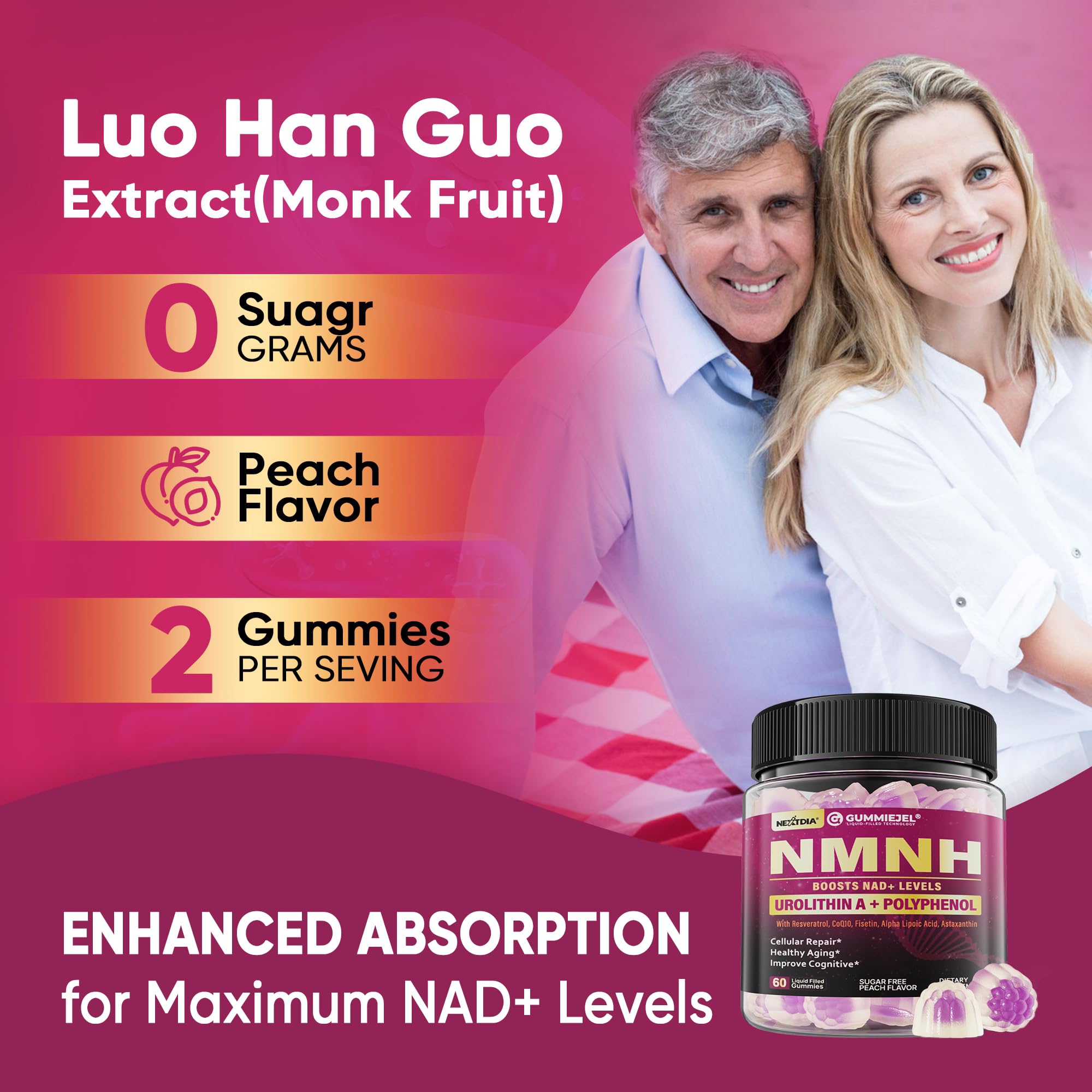 NMNH Gummies 300MG for Longevity – NAD+ Booster with Urolithin A, Polyphenols & Resveratrol | Sugar-Free 60ct