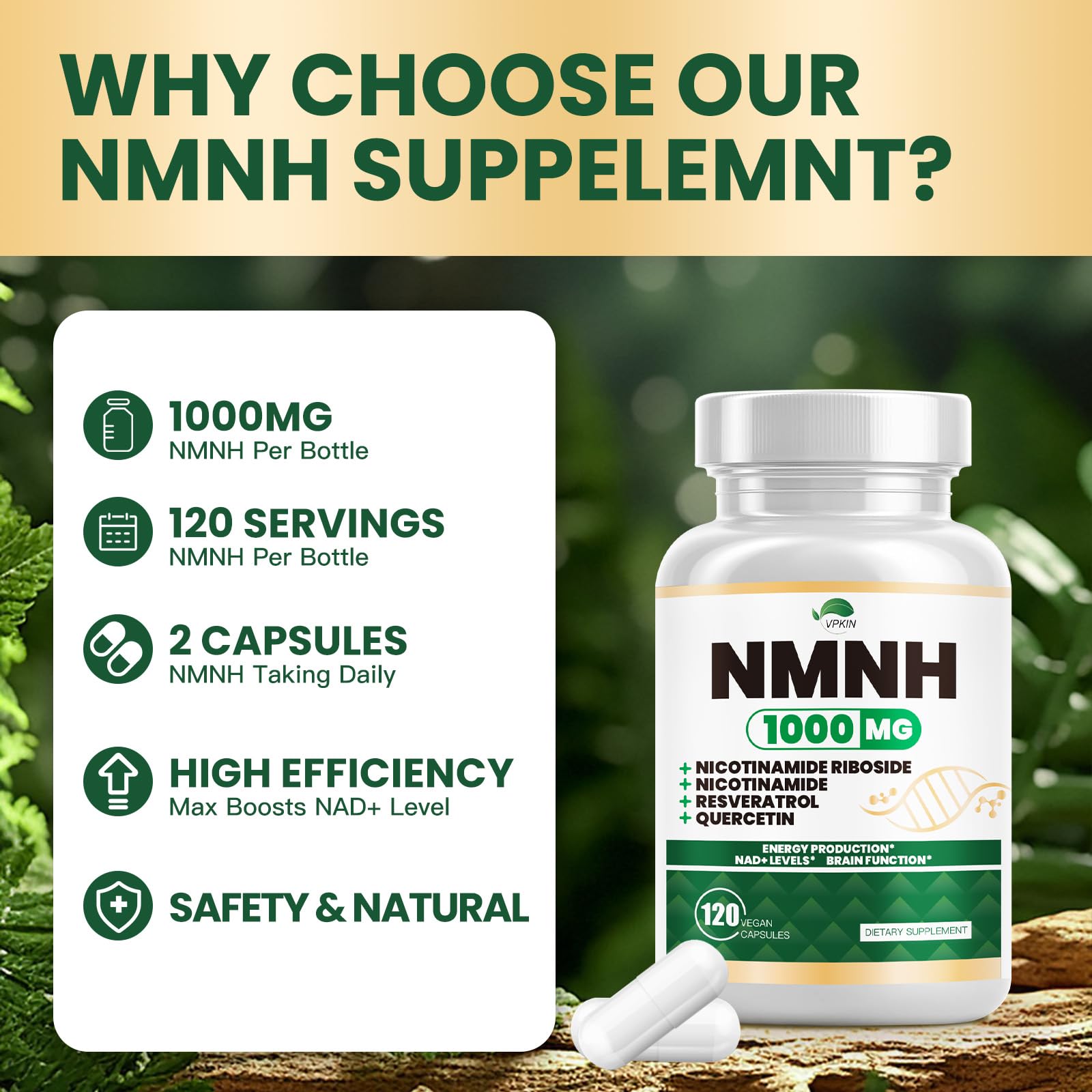 NMNH (Dihydronicotinamide Mononucleotide) NMNH 1000mg - NAD+ Support, Energy & Focus, 120 Capsules