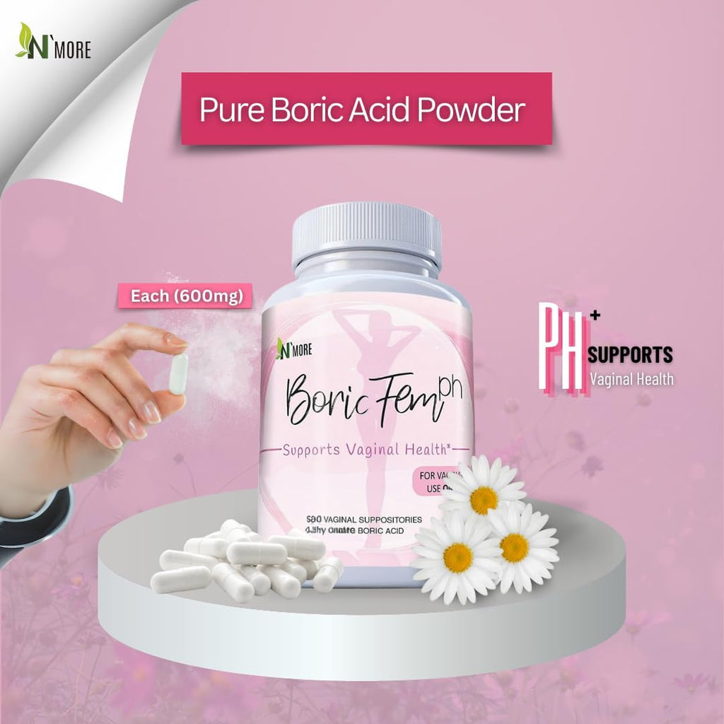 N'More Boricfem Vaginal Health Suppositories - 100% Pure Boric Acid, Made in USA | 30 Servings