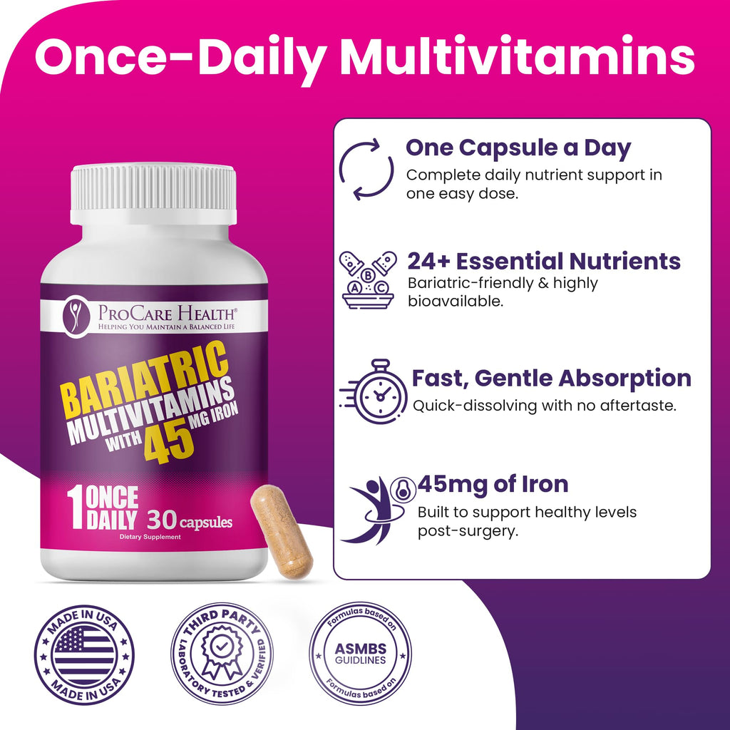 ProCare Health Bariatric Multivitamin with 45mg Iron - 30-Capsule Post-Op Support (Gluten-Free, No Artificial Colors)
