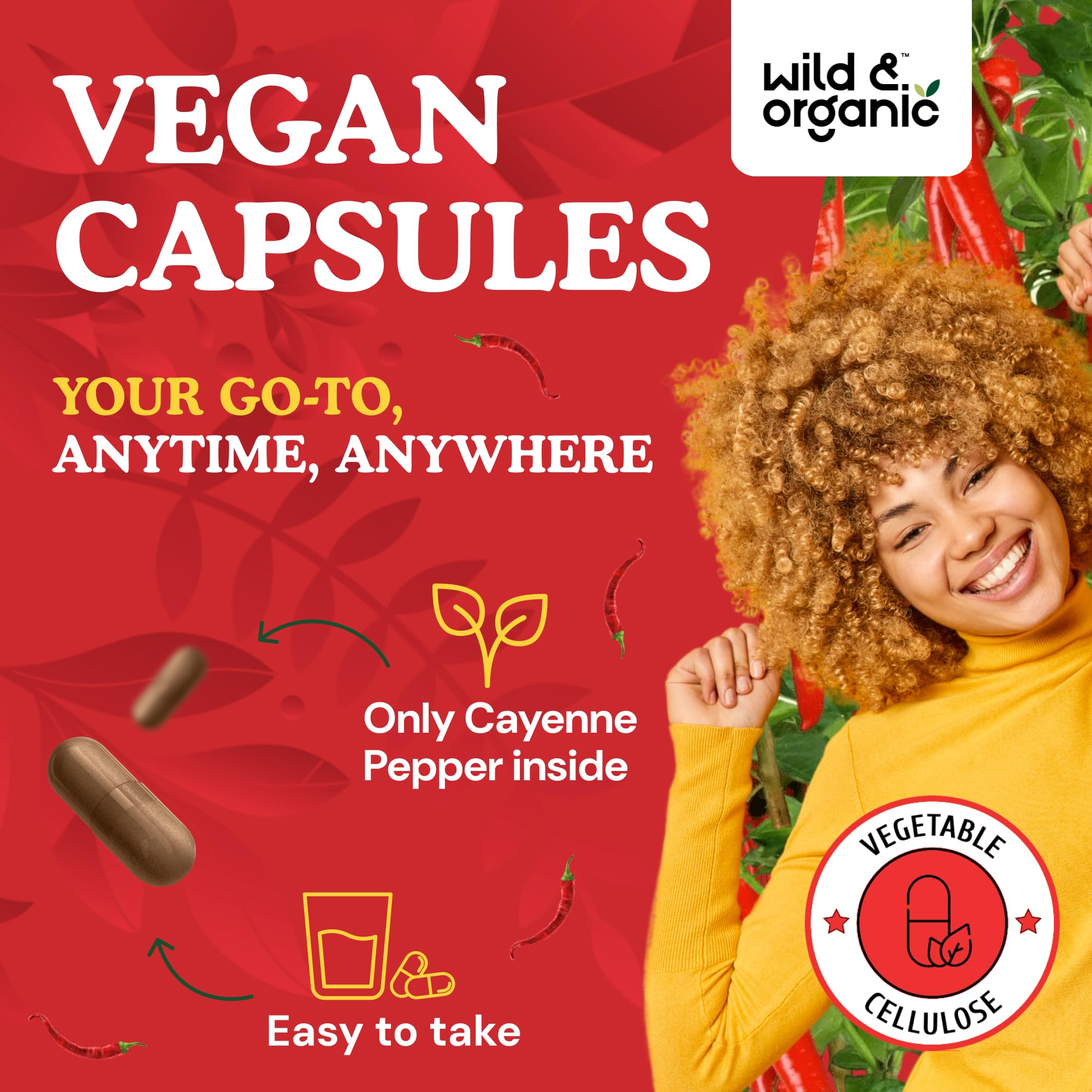 Wild & Organic Cayenne Pepper Capsules 500 mg - Digestive Support (Vegan, Non-GMO)