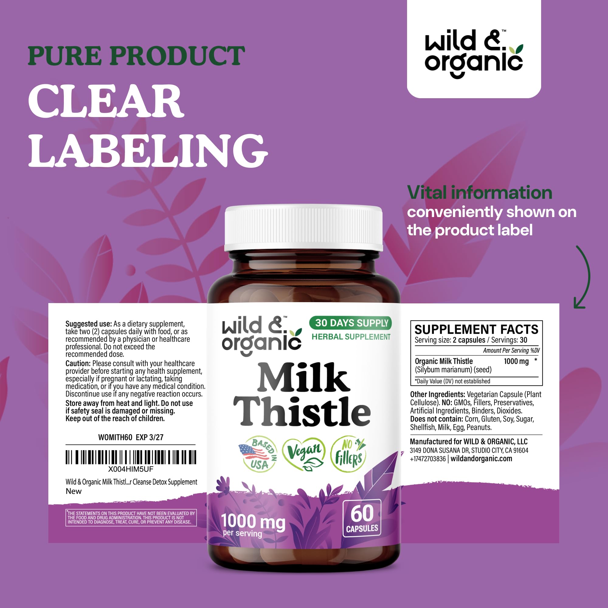 Wild & Organic Milk Thistle 1000mg Capsules - Liver Support, 60 Vegan Capsules