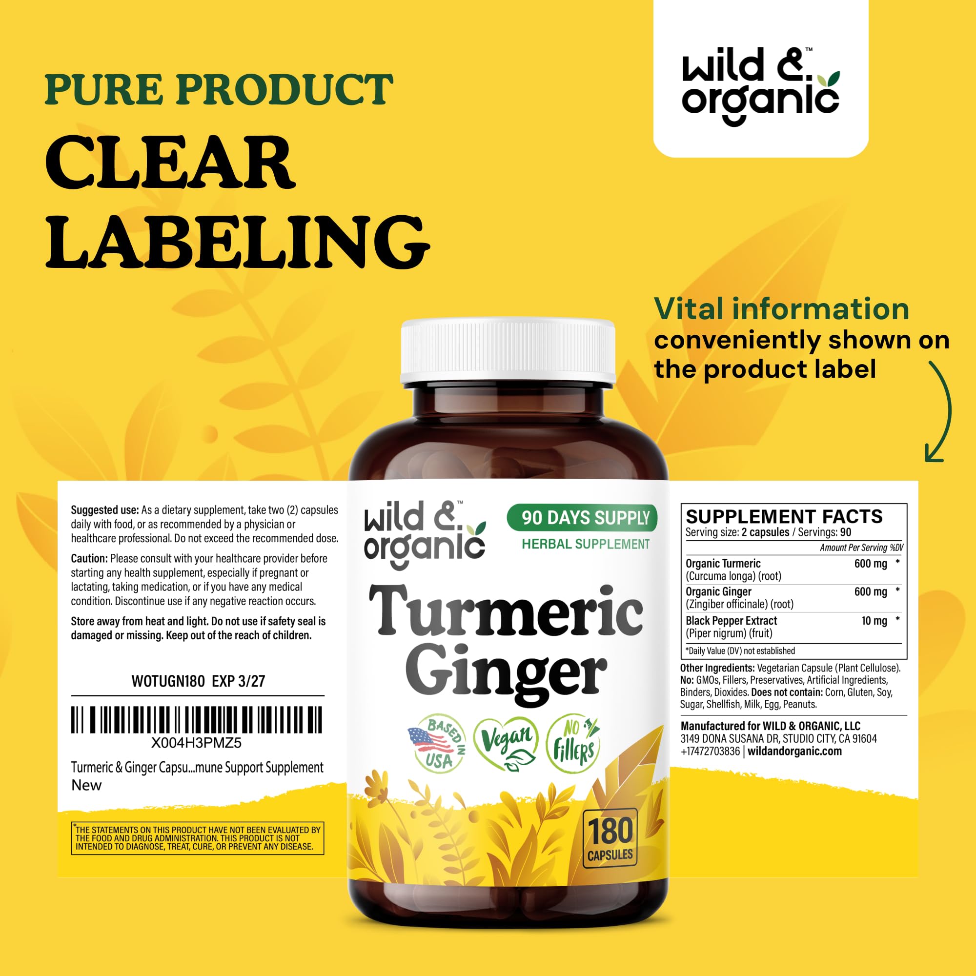 Wild & Organic Turmeric & Ginger Capsules | Mobility & Immune Support | 180 Count | Vegan