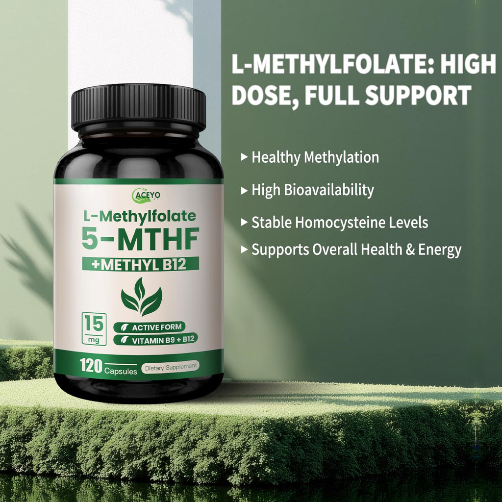 L-Methylfolate 15mg Supplement with 5-MTHF & Methyl B12 – Direct Absorption, 120 Capsules, Non-GMO, No Fillers