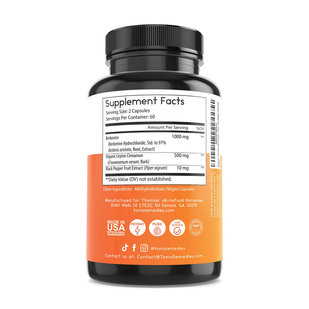 Thomas' All-Natural Berberine 500mg (1000mg per serving) - 120 Vegan Capsules