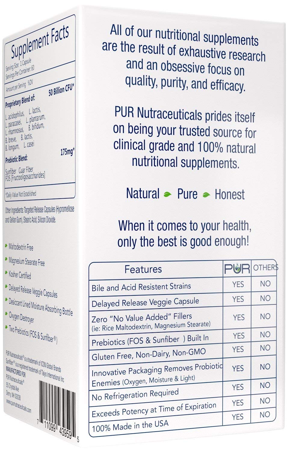 PUR Nutraceuticals Clinical Grade Probiotics - 50 Billion CFUs, 10 Strains, 2 Month Supply, Made in USA