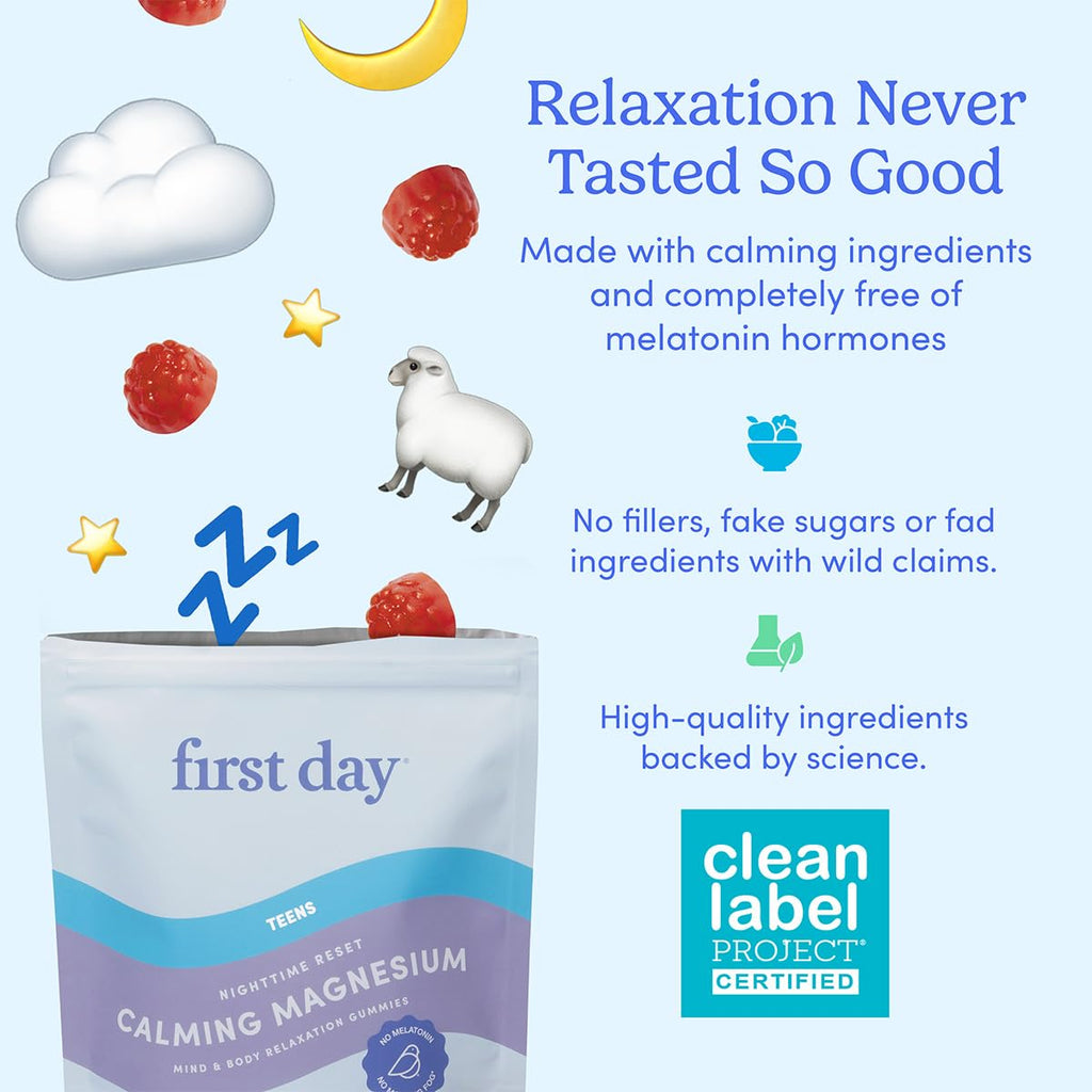 First Day Teens’ Nighttime Reset Calming Magnesium Gummies – Sleep, Mood & Energy (No Melatonin) – 60‑Day Supply