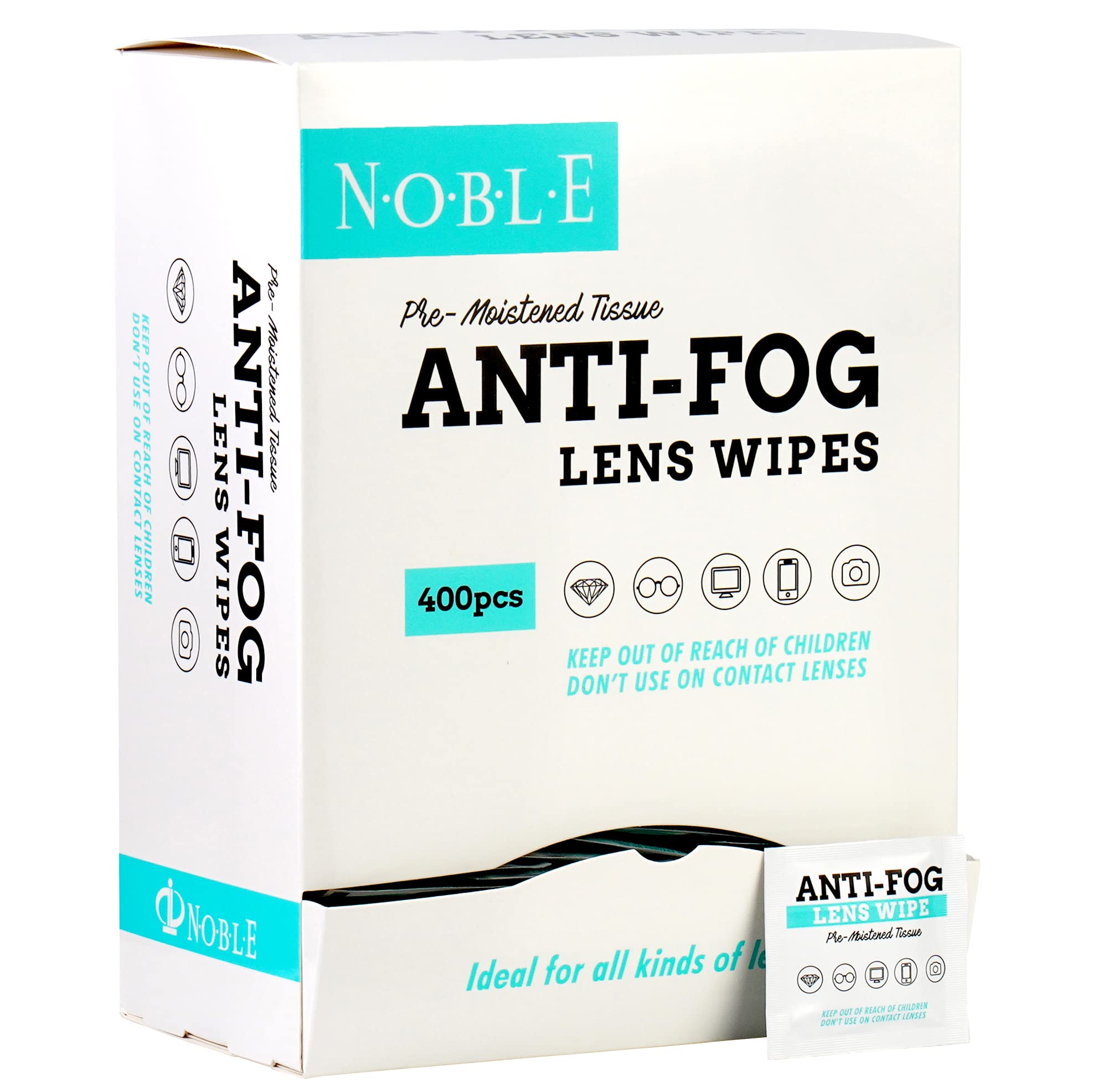 Noble Anti-Fog Pre-Moistened Wipes – Lens & Screen Cleaner, 5”x6” (400)
