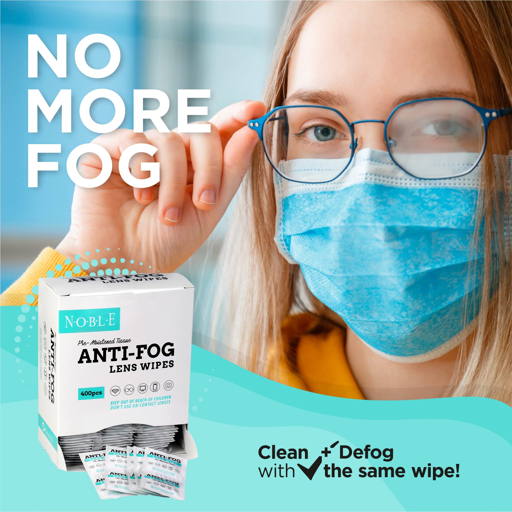 Noble Anti-Fog Pre-Moistened Wipes – Lens & Screen Cleaner, 5”x6” (400)
