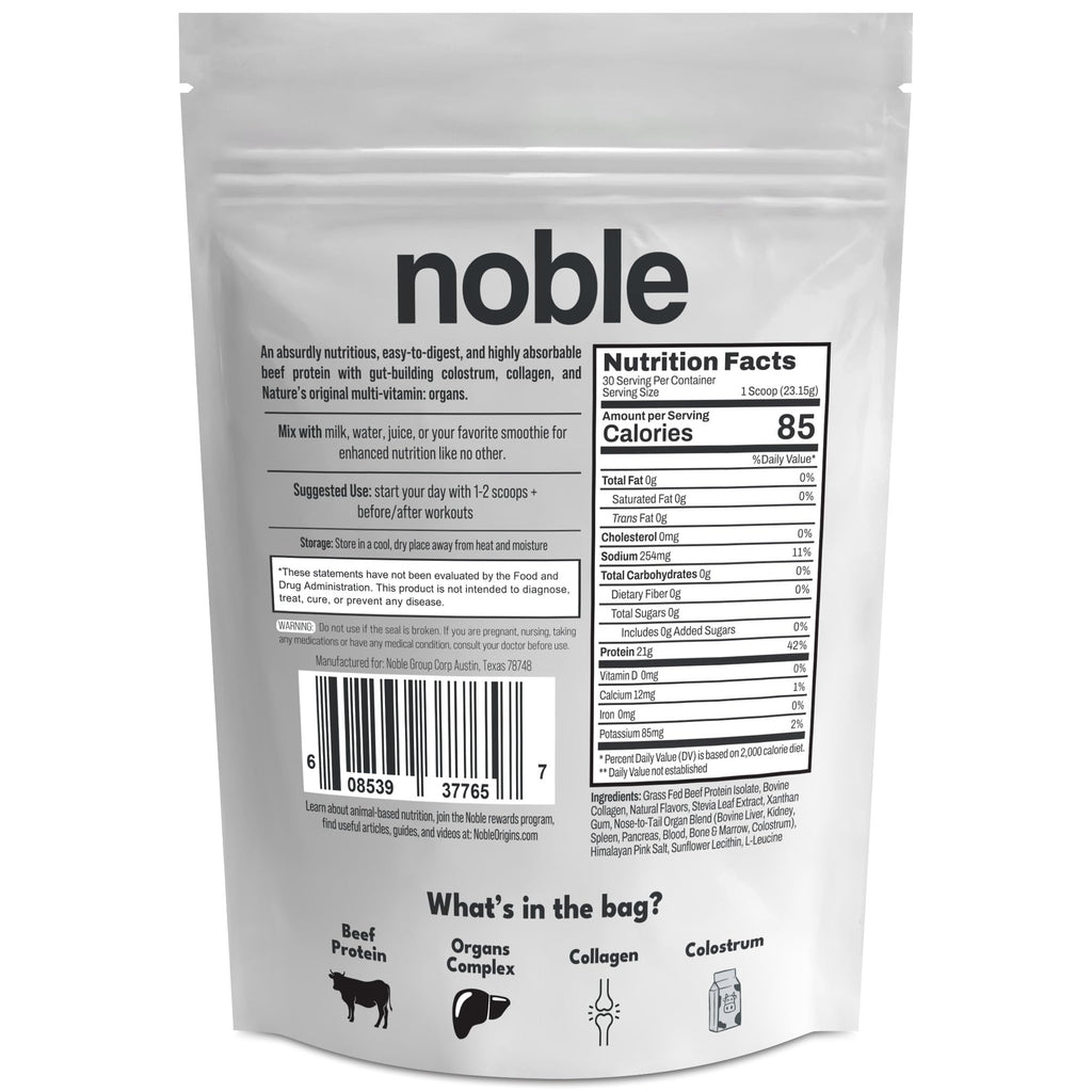 Noble Grass-Fed Beef Protein Powder with Collagen & Colostrum – Vanilla, 30 Servings | Keto & Gluten-Free