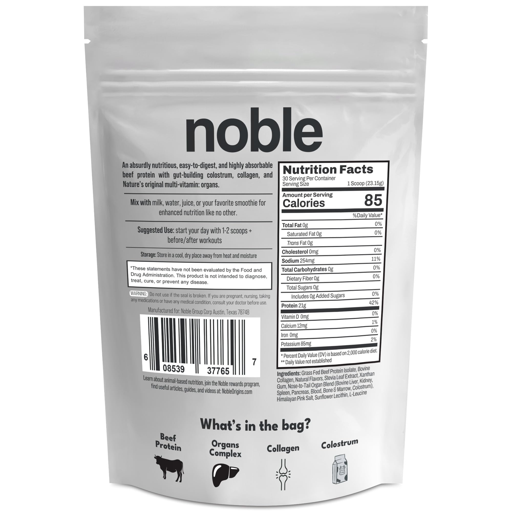 Noble Grass-Fed Beef Protein Powder with Collagen & Colostrum – Vanilla, 30 Servings | Keto & Gluten-Free