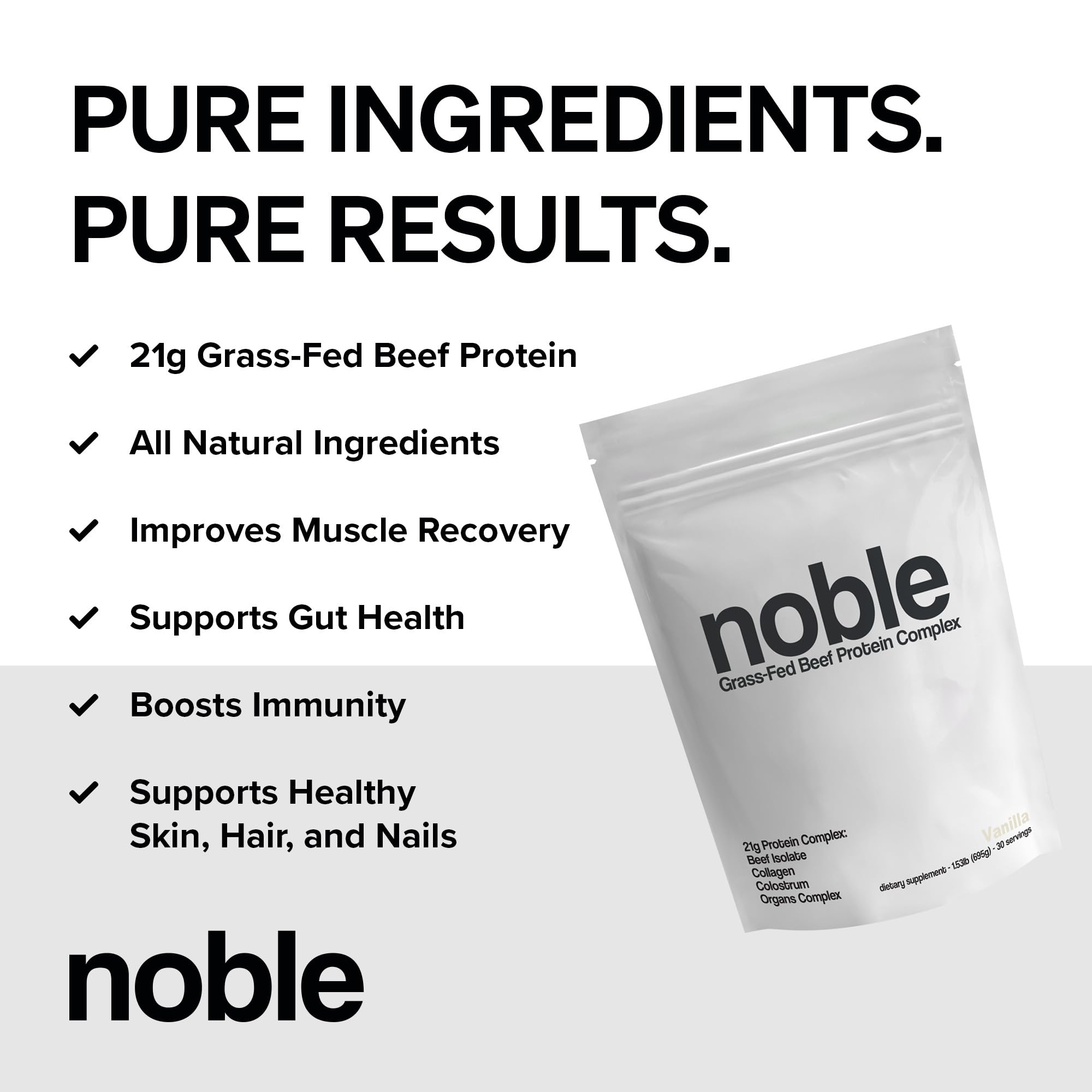 Noble Grass-Fed Beef Protein Powder with Collagen & Colostrum – Vanilla, 30 Servings | Keto & Gluten-Free