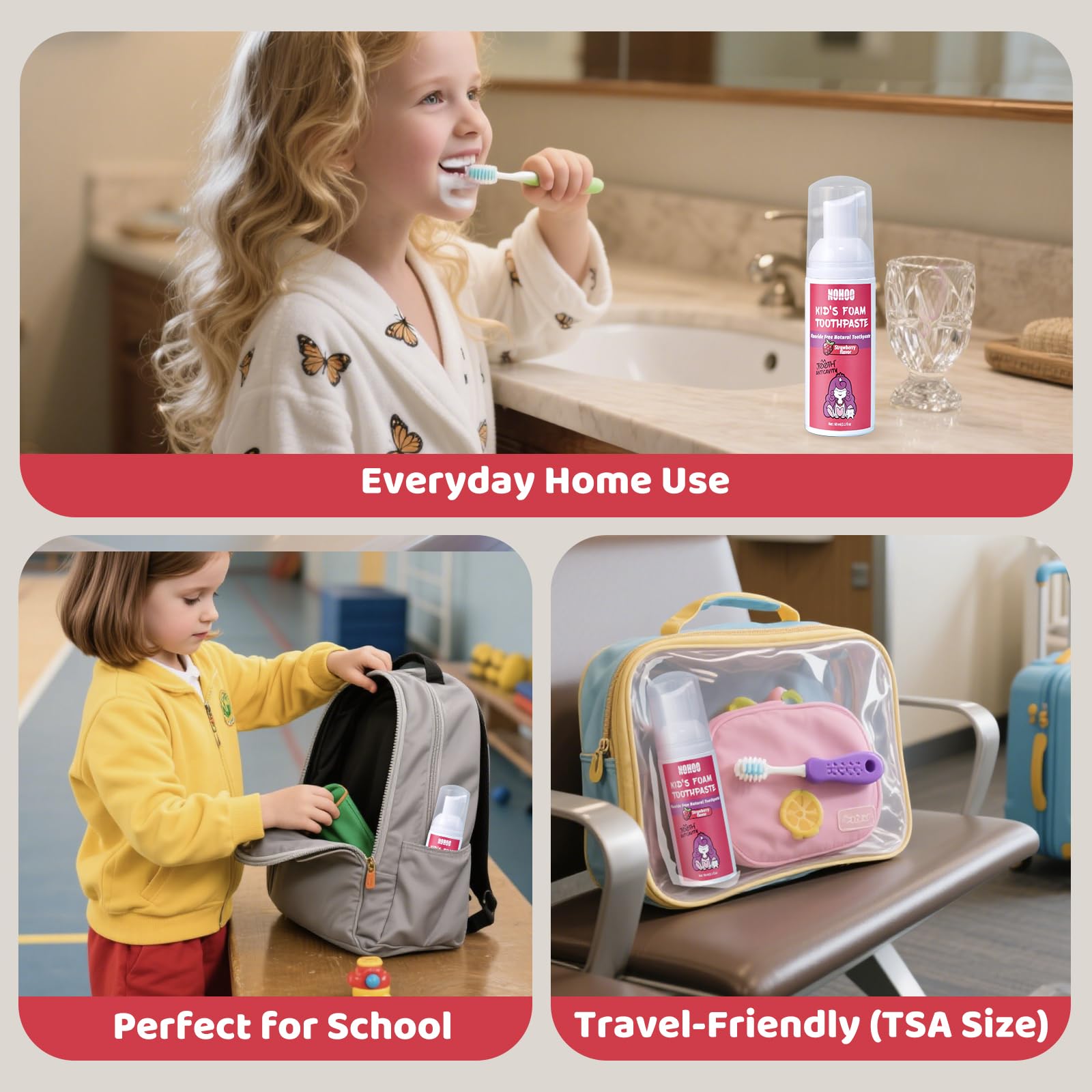 NOHOO Fluoride-Free Foam Toothpaste for Kids – Strawberry & Watermelon