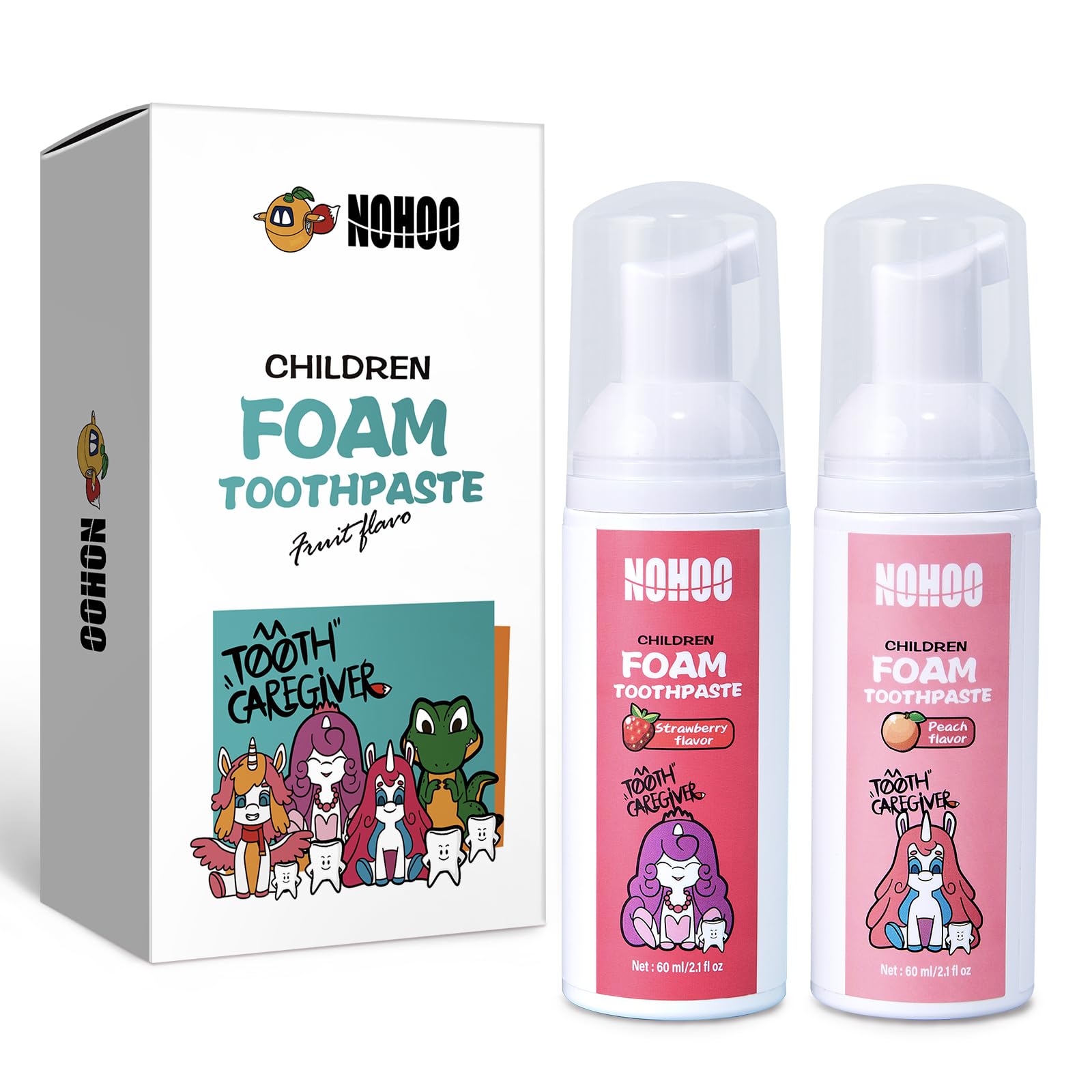 NOHOO Fluoride-Free Foam Toothpaste for Kids – Strawberry & Peach Flavors