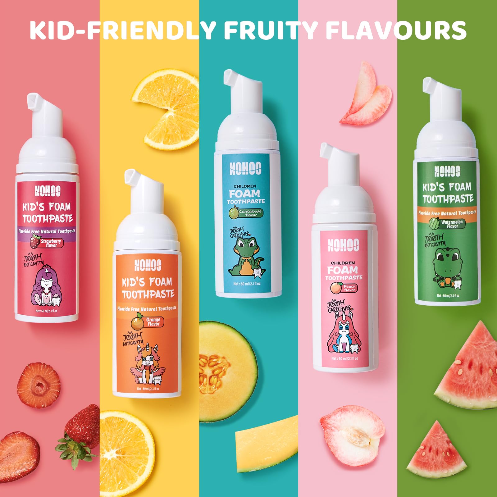 NOHOO Fluoride-Free Foam Toothpaste for Kids - Fruit Flavor (Orange & Watermelon) 60ml 4-Pack
