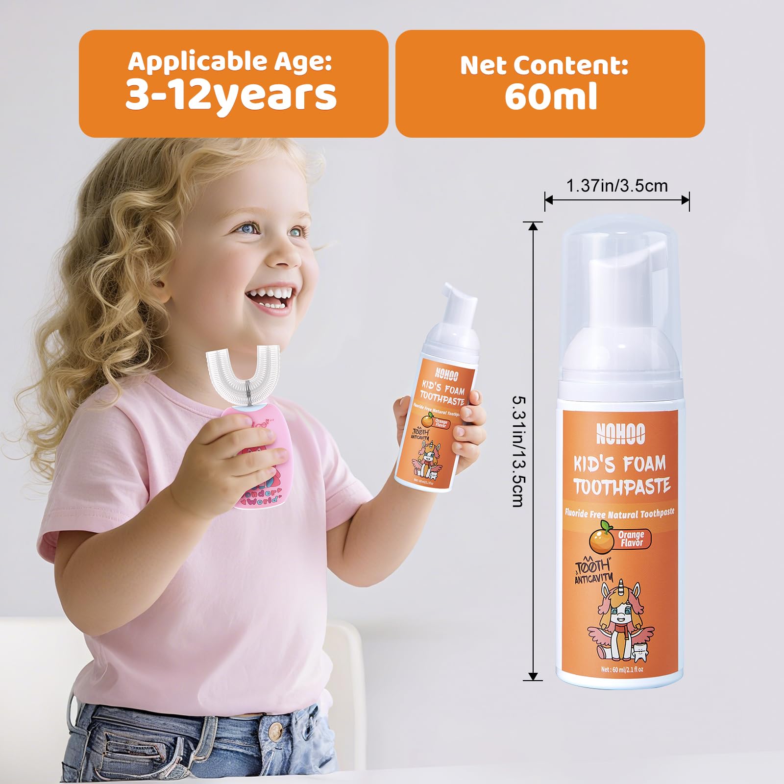 NOHOO Fluoride-Free Foam Toothpaste for Kids - Fruit Flavor (Orange & Watermelon) 60ml 4-Pack