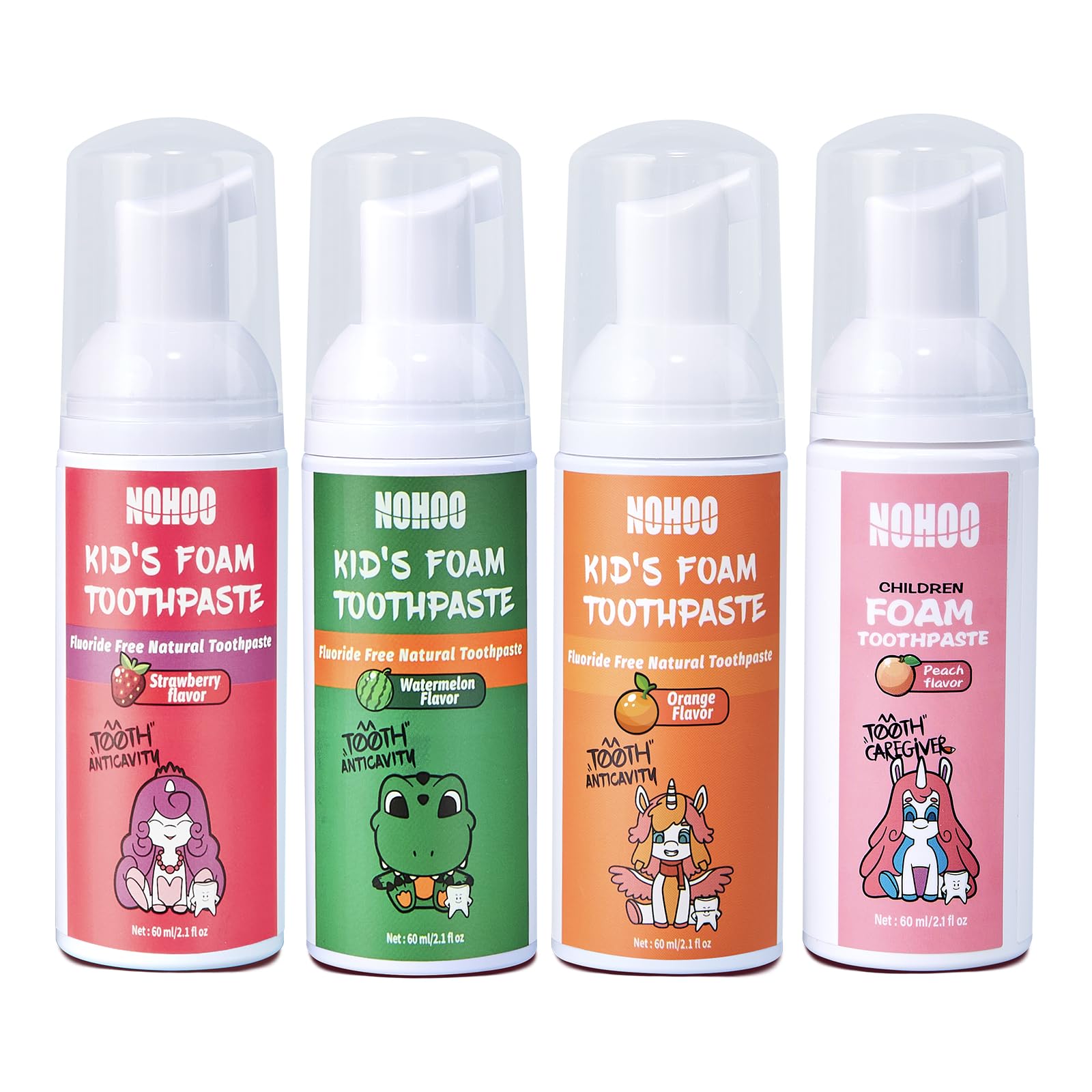 NOHOO Fluoride Free Foam Toothpaste for Kids - Natural Fruit Flavour Strawberry Orange Peach Watermelon