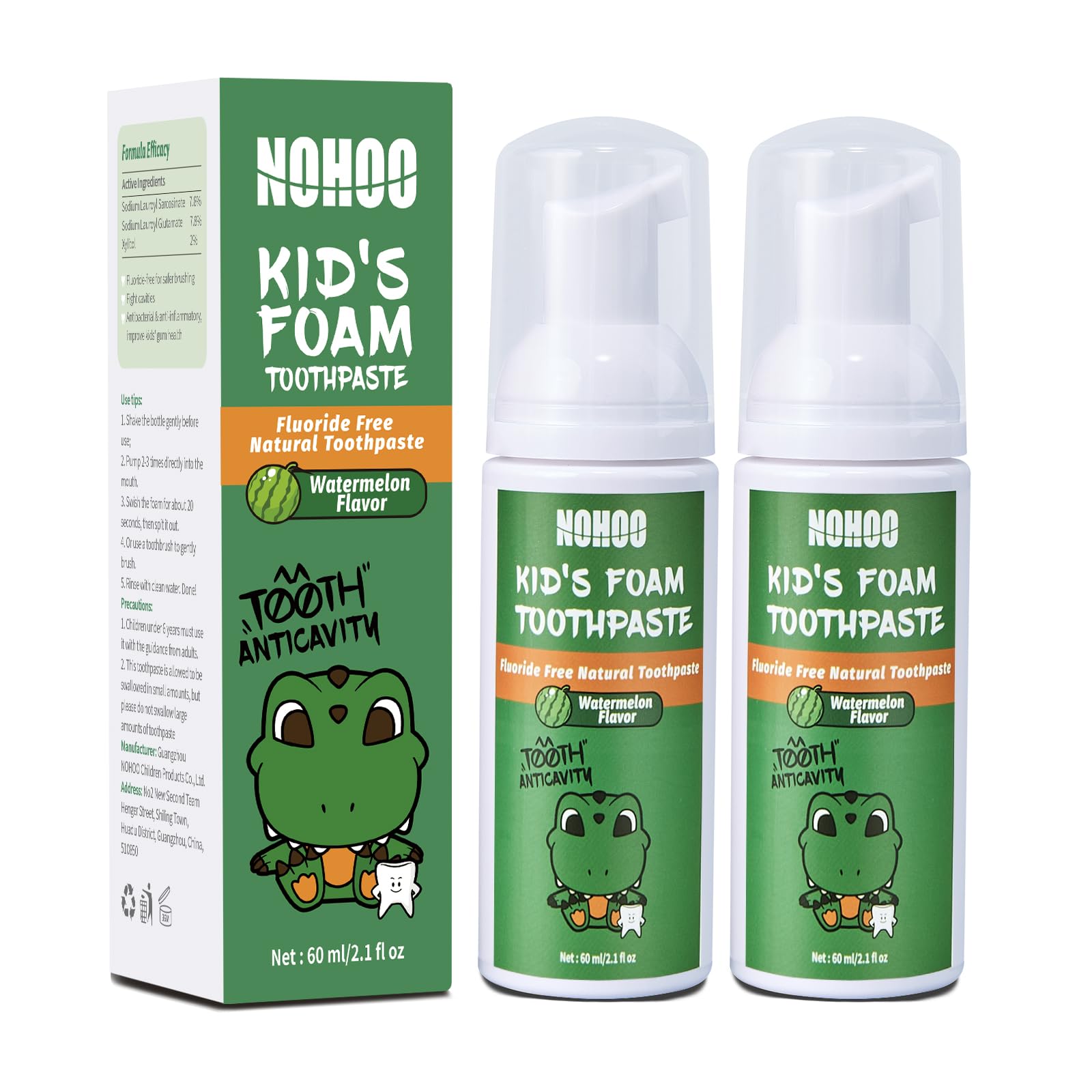 NOHOO Fluoride-Free Foam Toothpaste for Kids – Watermelon Flavor (2 Pack)