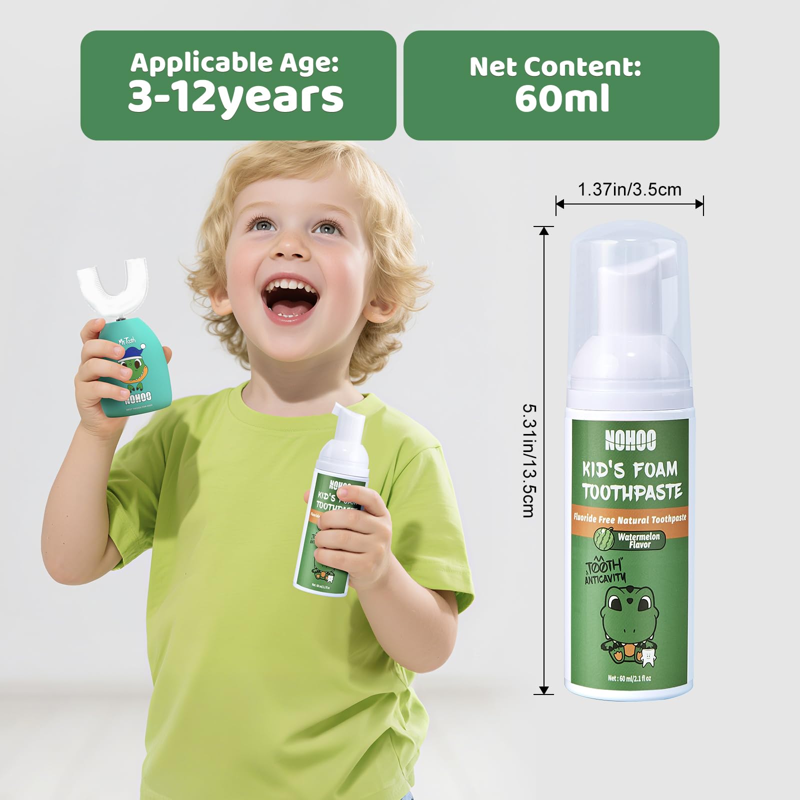 NOHOO Fluoride-Free Foam Toothpaste for Kids – Watermelon Flavor (2 Pack)