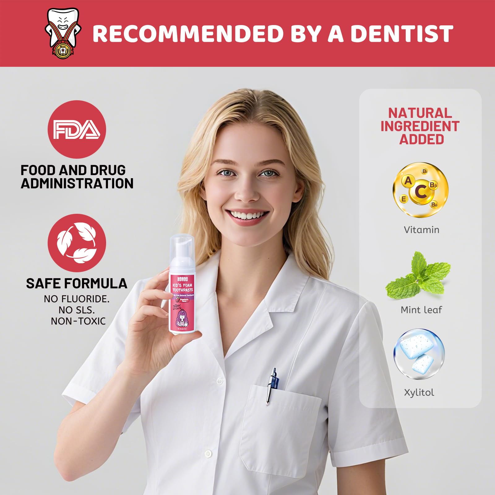 NOHOO Fluoride Free Foam Toothpaste for Kids - Natural Fruit Flavour Strawberry Orange Peach Watermelon