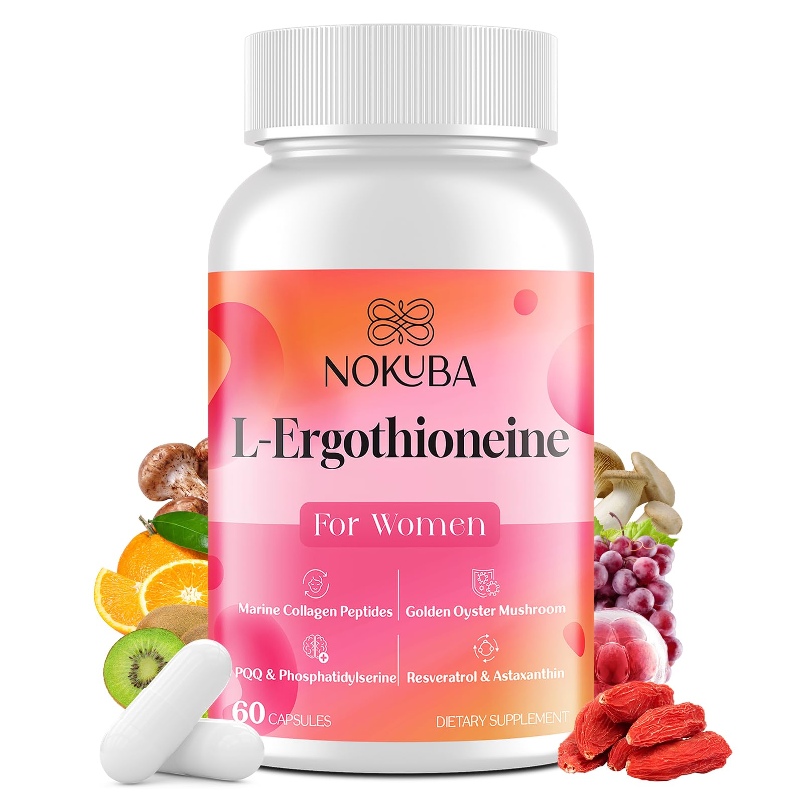 Nokuba L-Ergothioneine with Collagen Peptides & Hyaluronic Acid – 11-in-1 Mushroom Supplement for Women | 60 Capsules