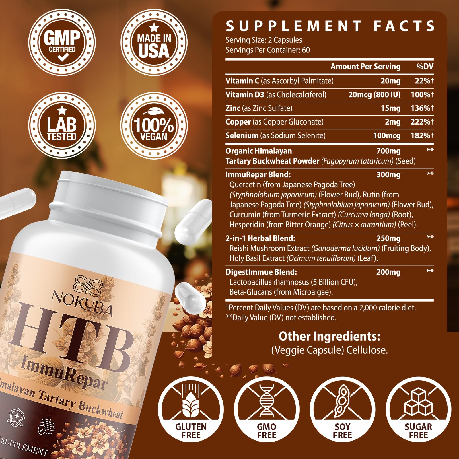 Nokuba Immune Support - Himalayan Tartary Buckwheat, Quercetin, Zinc, Vitamin C & D3 | 120 Vegan Capsules