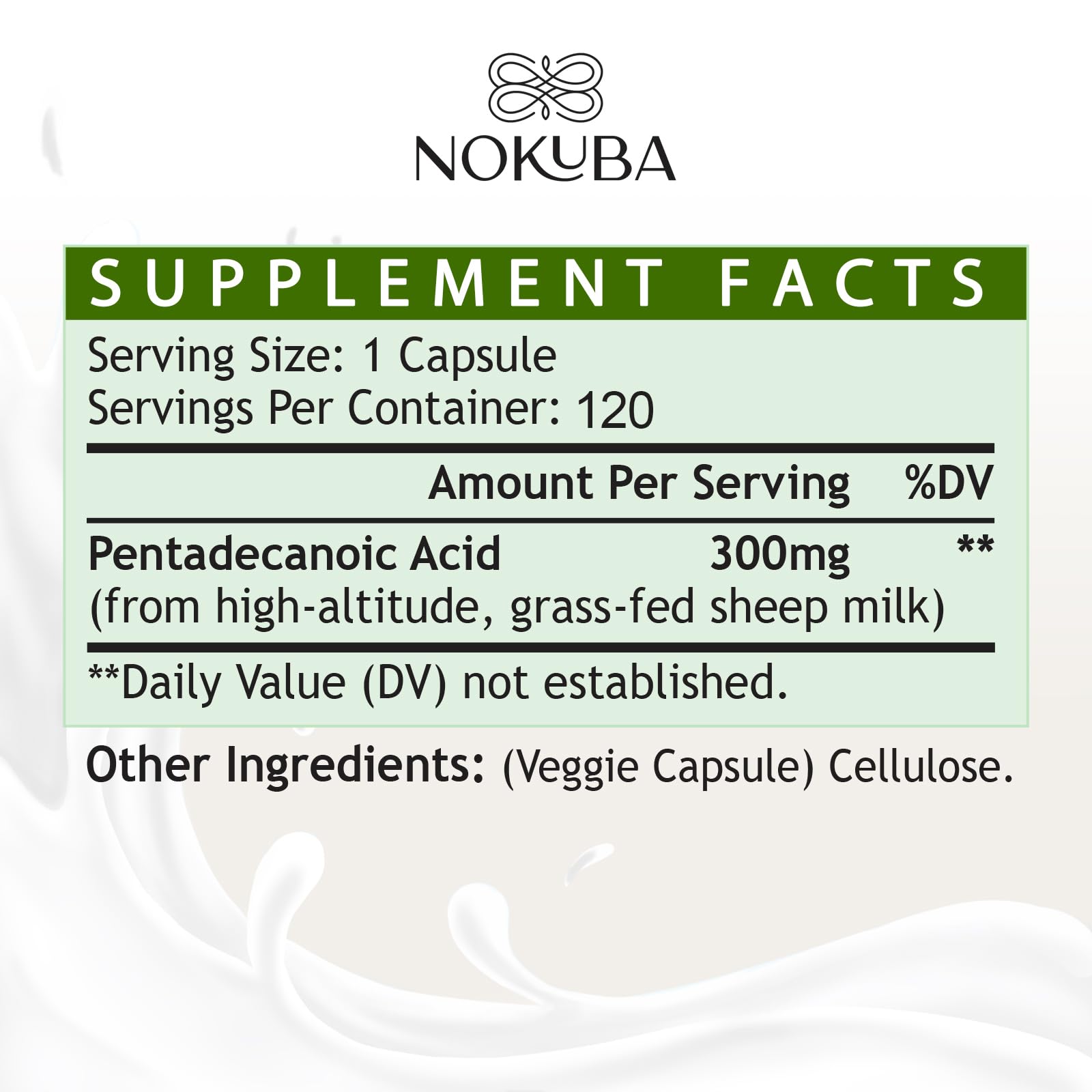 Nokuba Pentadecanoic Acid C15:0 300mg – High-Altitude Sheep Milk Sourced, 120 Capsules | USA Made